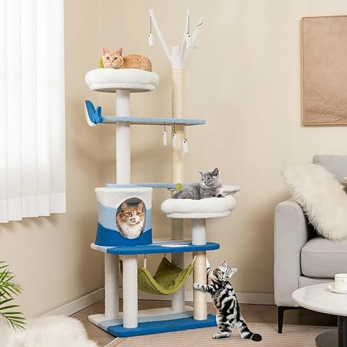 Miniatura 2 de Tangkula Árbol para gatos con temática oceánica, torre para gatos de varios niveles con postes rascadores de sisal, condominio, perca, hamaca,