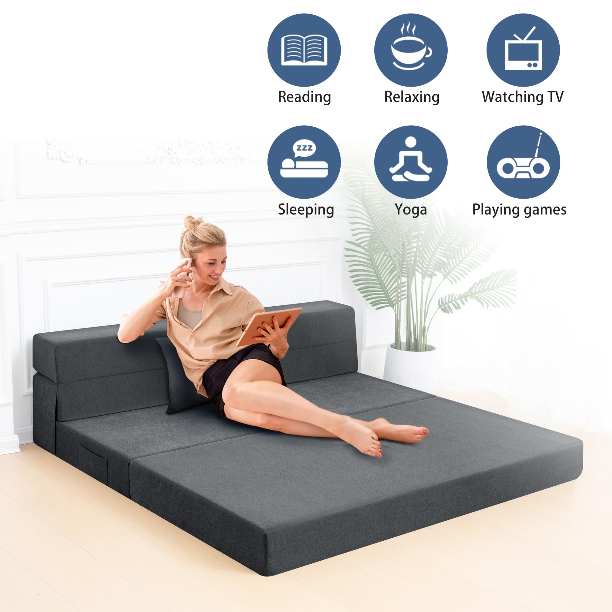 Canapé-lit pliable – Canapé-lit pliable – Matelas de sol avec oreiller pour salon, bureau à domicile (gris, grand lit)