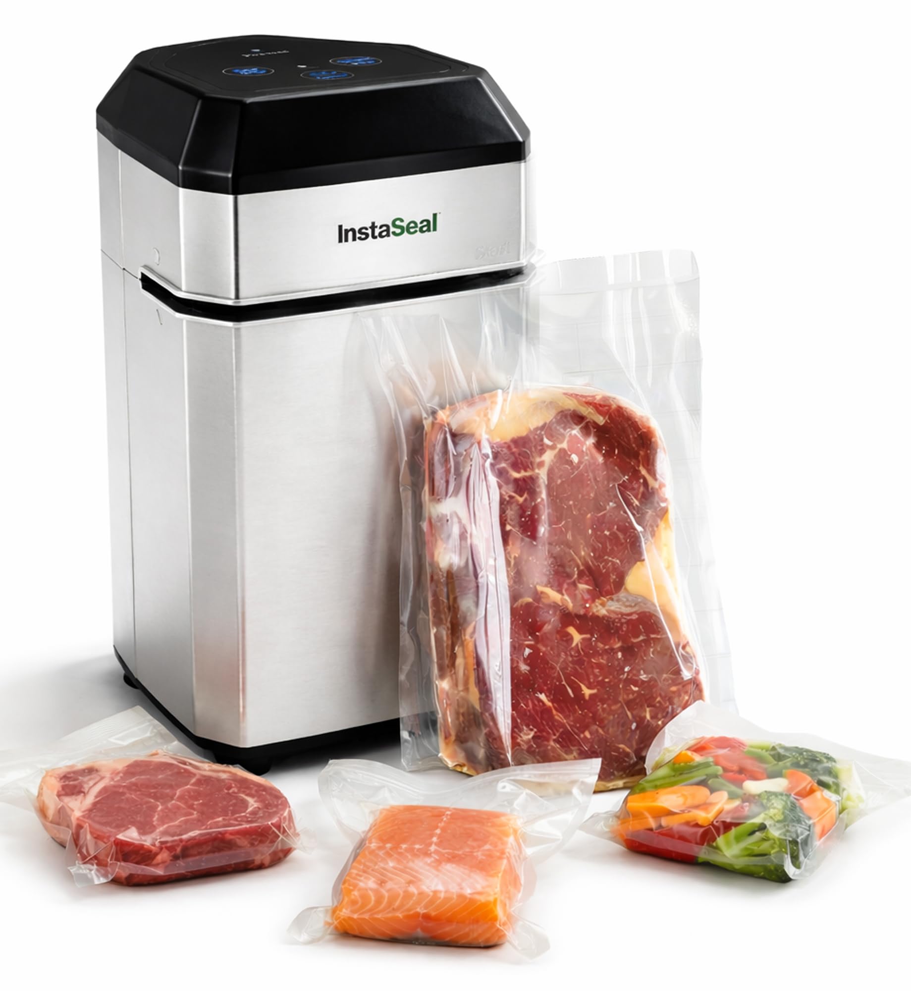 InstaSeal upright vacuum sealer with compact vertical design for sealing liquids