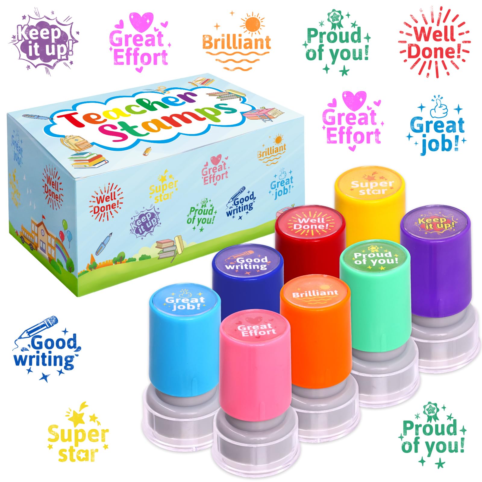Set di timbri autoinchiostranti per insegnanti, per insegnanti, comportamento motivazionale, per bambini, studenti, ricompensa, incoraggiare i compiti a casa, test ben fatti, 8 pezzi