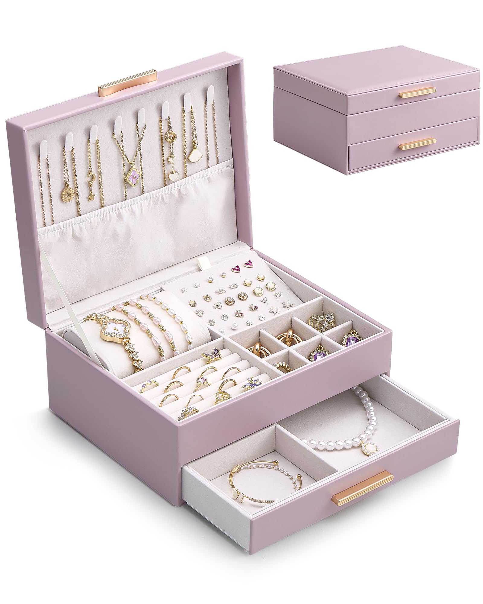 Lolalet 2-Layer Jewelry Box Organizer for Women Girls, Jewelry Storage Case Holder with Drawers for Necklaces Ring Earrings Bracelet Watch, Gifts for