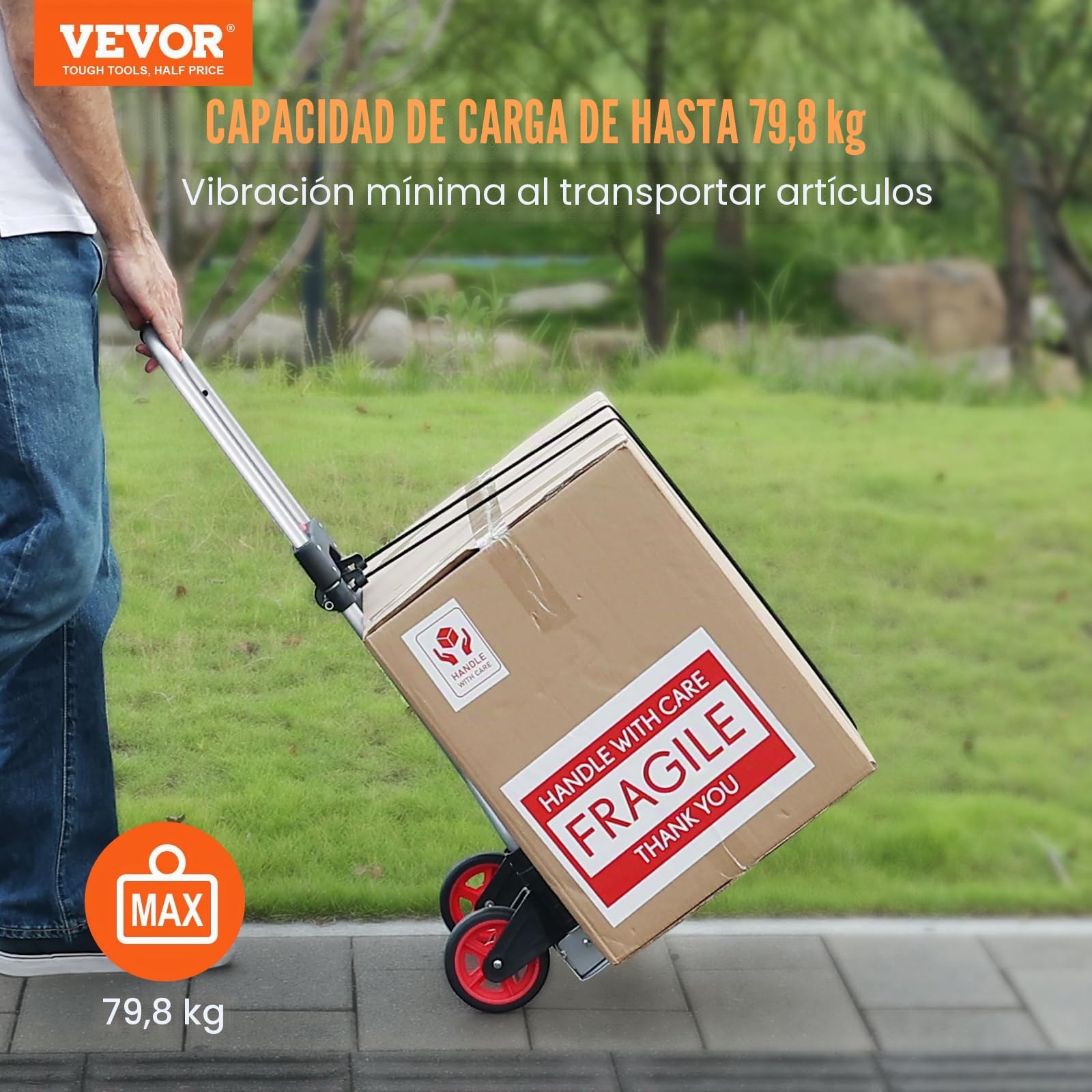 VEVOR Carretilla de Mano Plegable de Aluminio Carga de 80 kg Carro de Mano de Alta Resistencia con Ruedas de Goma Mango Telescópico para Transporte Doméstico, Mercancías de Almacén Supermercado