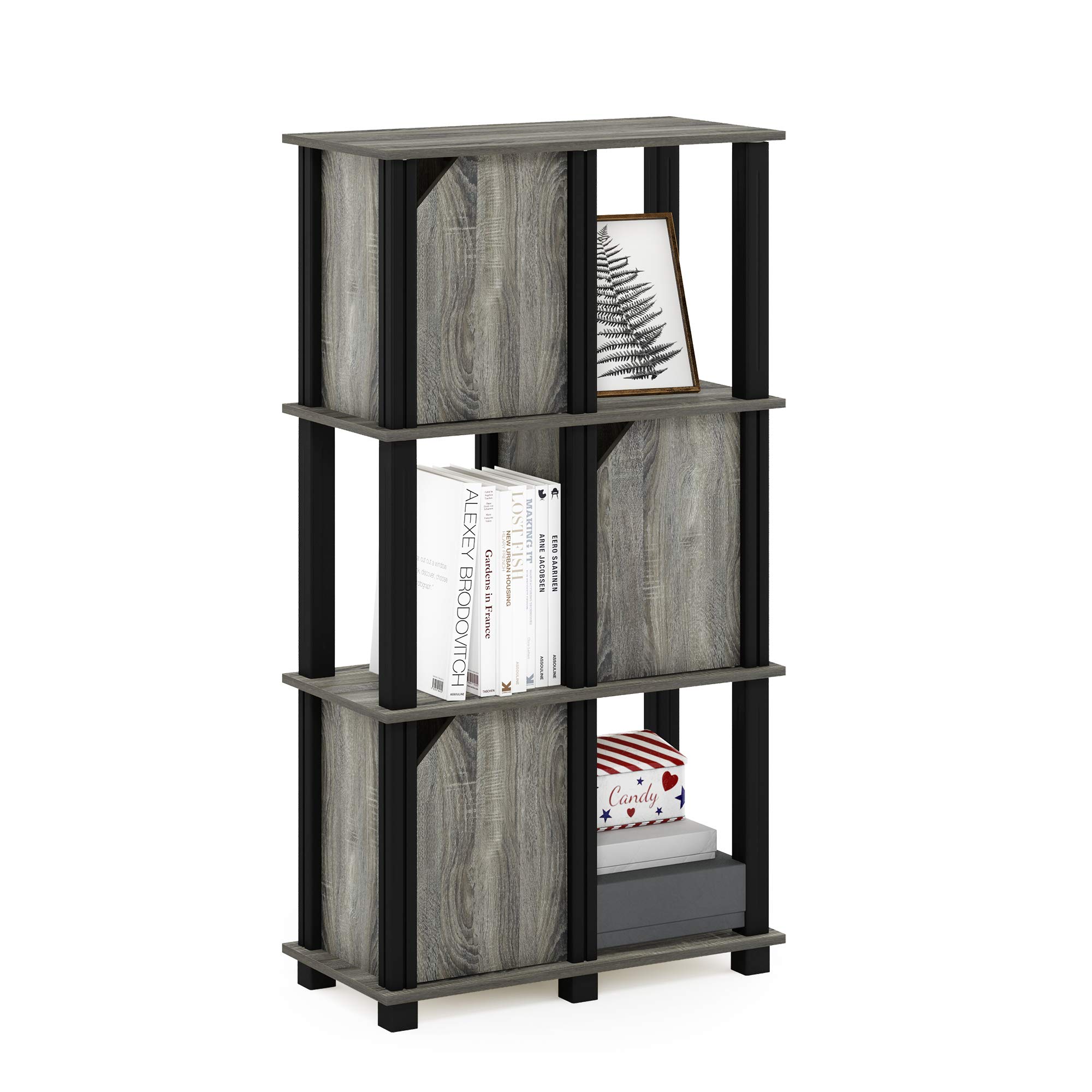 Furinno Brahms 4-Tier Storage Shelf with 3 Doors, French Oak Grey/Black