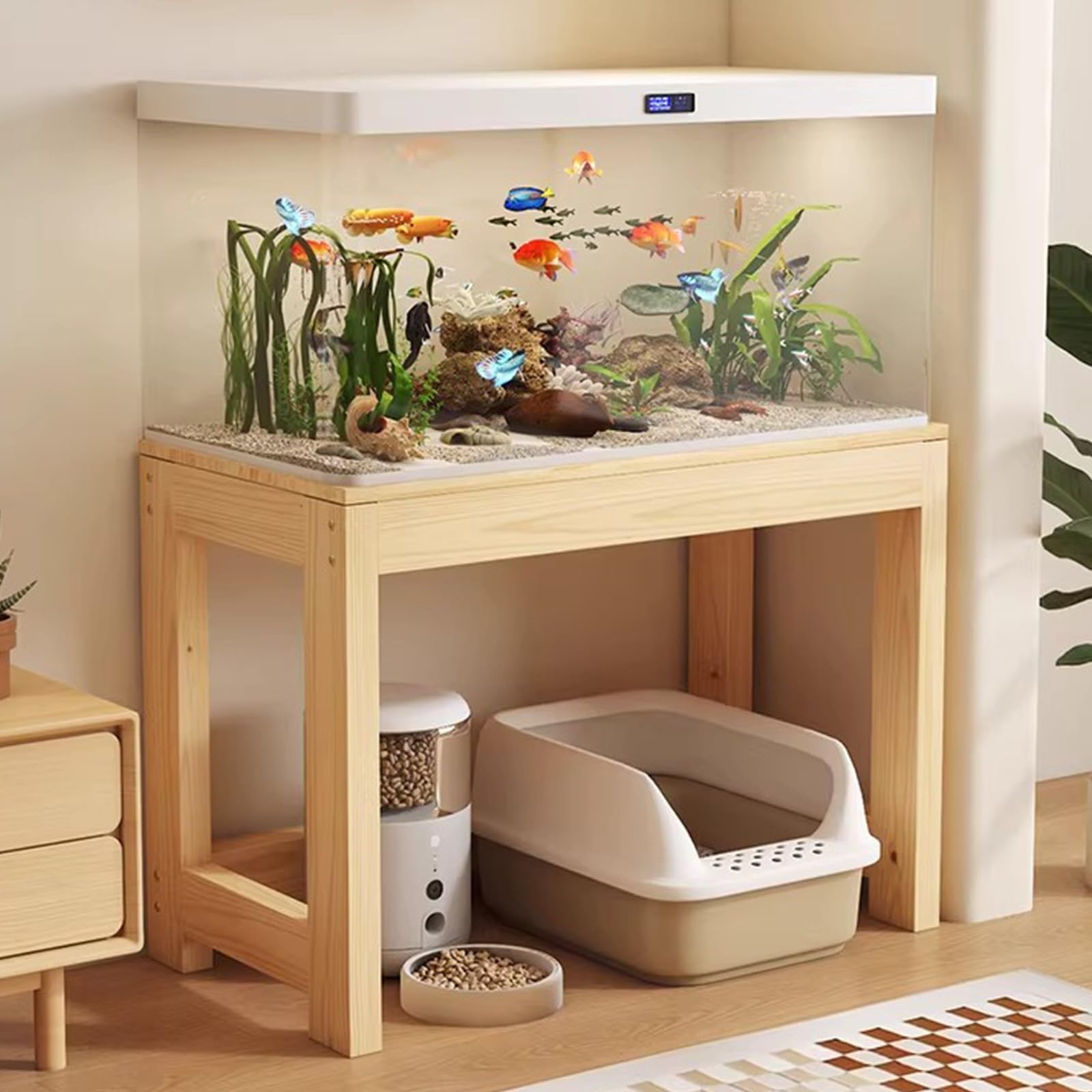 Jednopoziomowa podstawa do akwarium, wielofunkcyjna półka na rośliny domowe wysokość: 55 cm / 21,7 cala idealna do użytku domowego i biurowego, drewniany stojak (30 x 30 cm/11,8 x 11,8 cala)