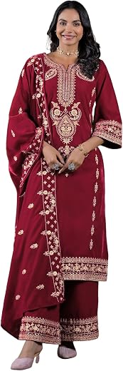 Skylee Women's Velvet Embroidered Straight Kurta with Pant & Dupatta