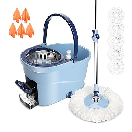 ZNM Spin Mop and Bucket Set with Wringer Set by Foot Pedal, 6L Spin Mop System with 5 Microfiber Replacement Mop Pads Refills & 5 Cleaning Cloths for Hardwood Laminate Floor Cleaning