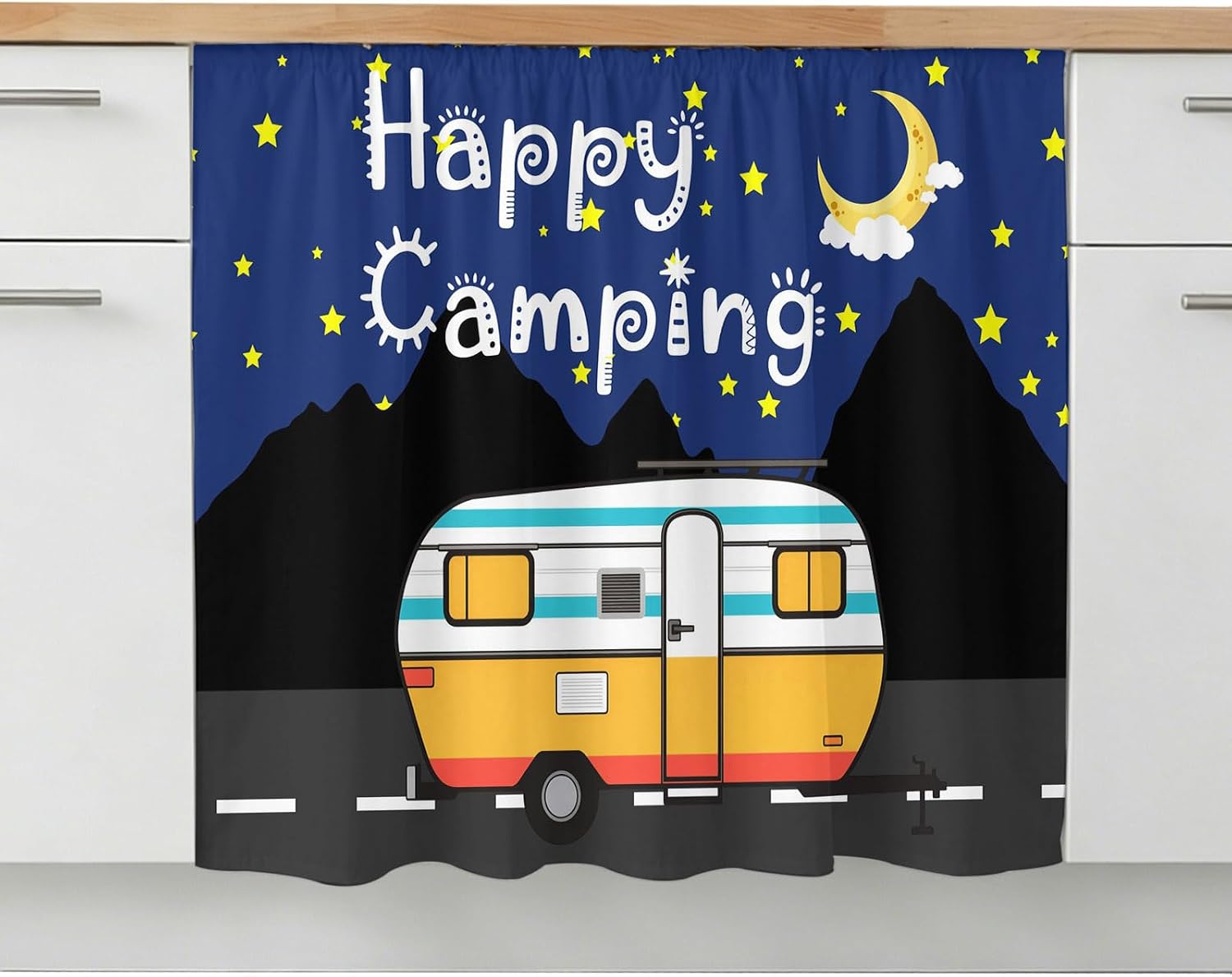 Cartoon RV Cabinet Curtains for Shelves, Happy Camping Moon Star Nights Mountain 11" W x 13" L Adhesive Cabinet Curtain with Shelf Curtain for Mini Storage Cabinets