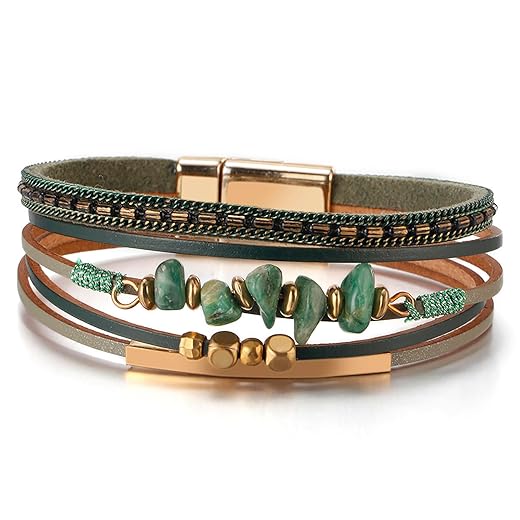 Fesciory Leather Wrap Bracelets for Women, Boho Leopard Multi-Layer Crystal Beads Cuff Bracelet Jewelry