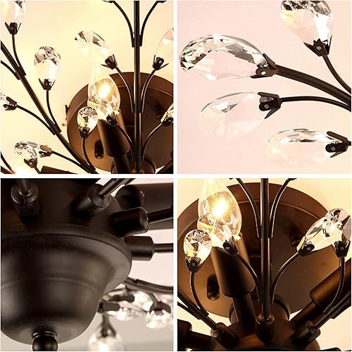 Miniatura 4 de TFCFL Candelabro vintage grande de ramas de cristal, moderna lámpara de techo semiempotrada con 4 luces E12 40W lámpara de techo de cristal de