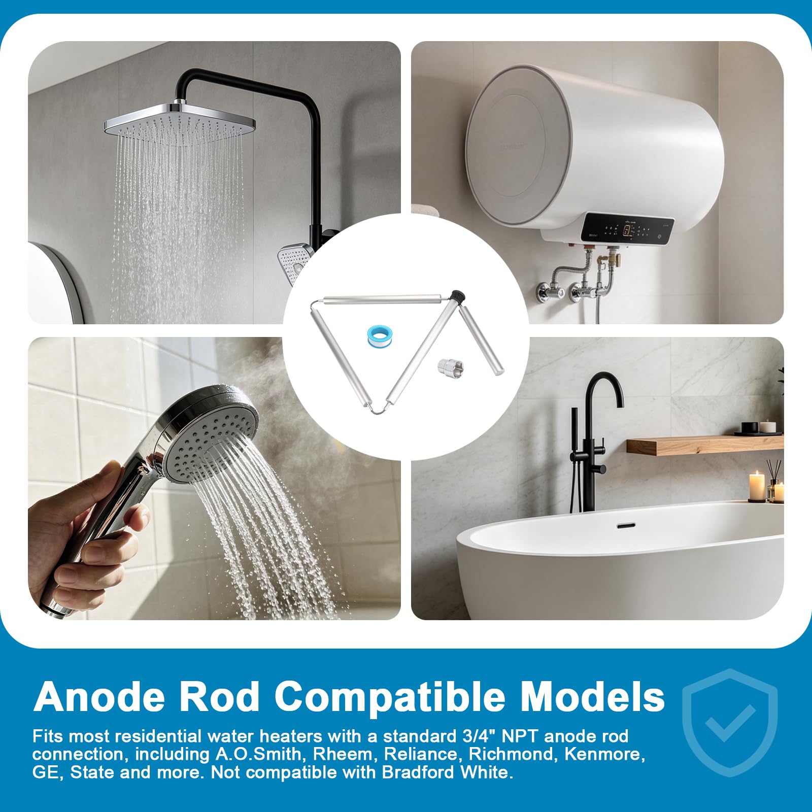 Anodo per scaldabagno al magnesio da 44 pollici compatibile con GE, Rheem | Kit flessibile NPT da 3/4" con presa da 1-1/16" e nastro in teflon; compatibile con Reliance, Richmond, Kenmore e AO Smith