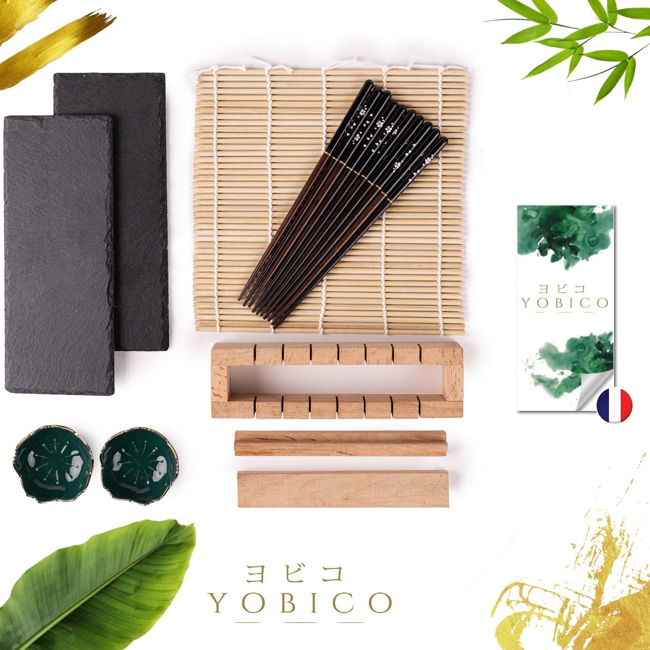 Kit Sushi Complet Premium en Bois + 5 Baguettes + 2 Assiettes en Ardoise + Accesoires | Kit a Sushi | Sushi Maker en Bois | Machine a Sushi | Appareil a Sushi | Maki