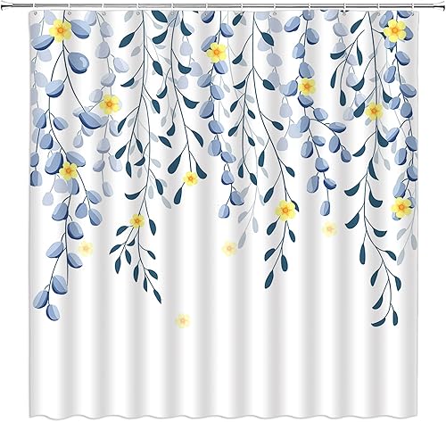 Miniatura 2 de Cortina de ducha con hojas azules, hojas amarillas, flores, acuarela, naturaleza, primavera, tela, juego de decoración de baño con ganchos (70