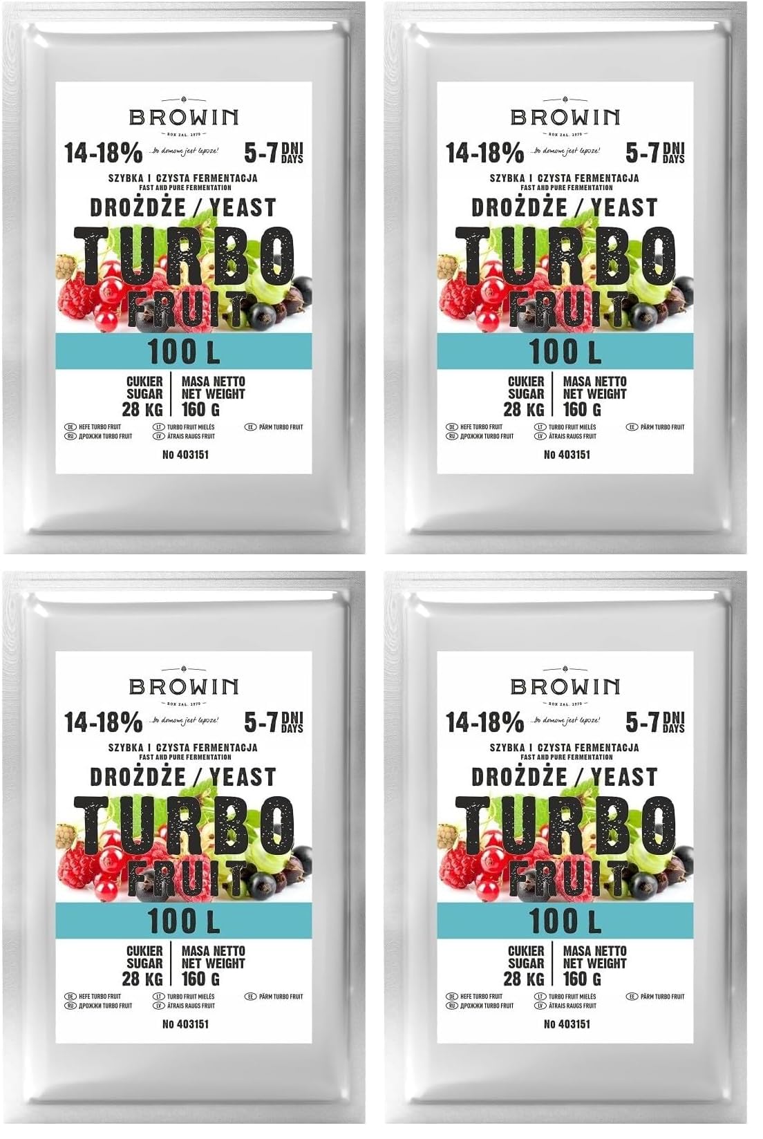 Browin 403151 Turbo Fruit Levure de Vin 160g | Fermentation Rapid - 5 à 7 Jours | Jusqu'à 100 Litres d'Alcool | Sèche Levure de Vin, Brandy | Nutriment Minéral avec Vitamine B1 (Lot de 4)