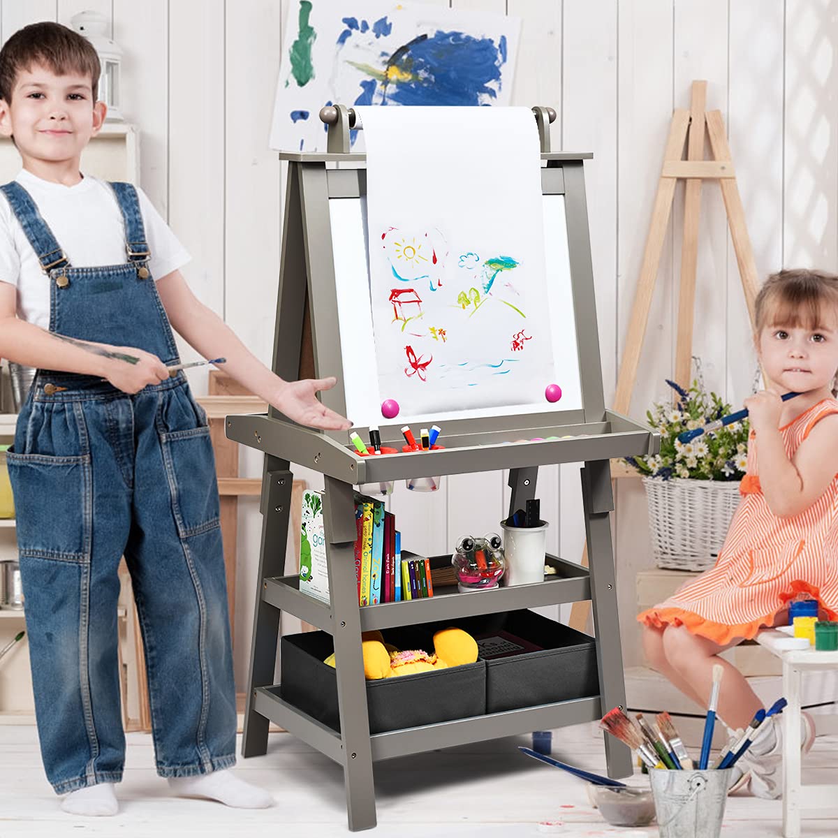 COSTWAY 3 in 1 Kinder Staffelei, Kindertafel doppelseitig, Whiteboard & Kreidetafel & Zeichenpapier, Standtafel inkl. Magneten, 2 Regalebenen Holztafel mit 2 Aufbewahrungsboxen (Grau)