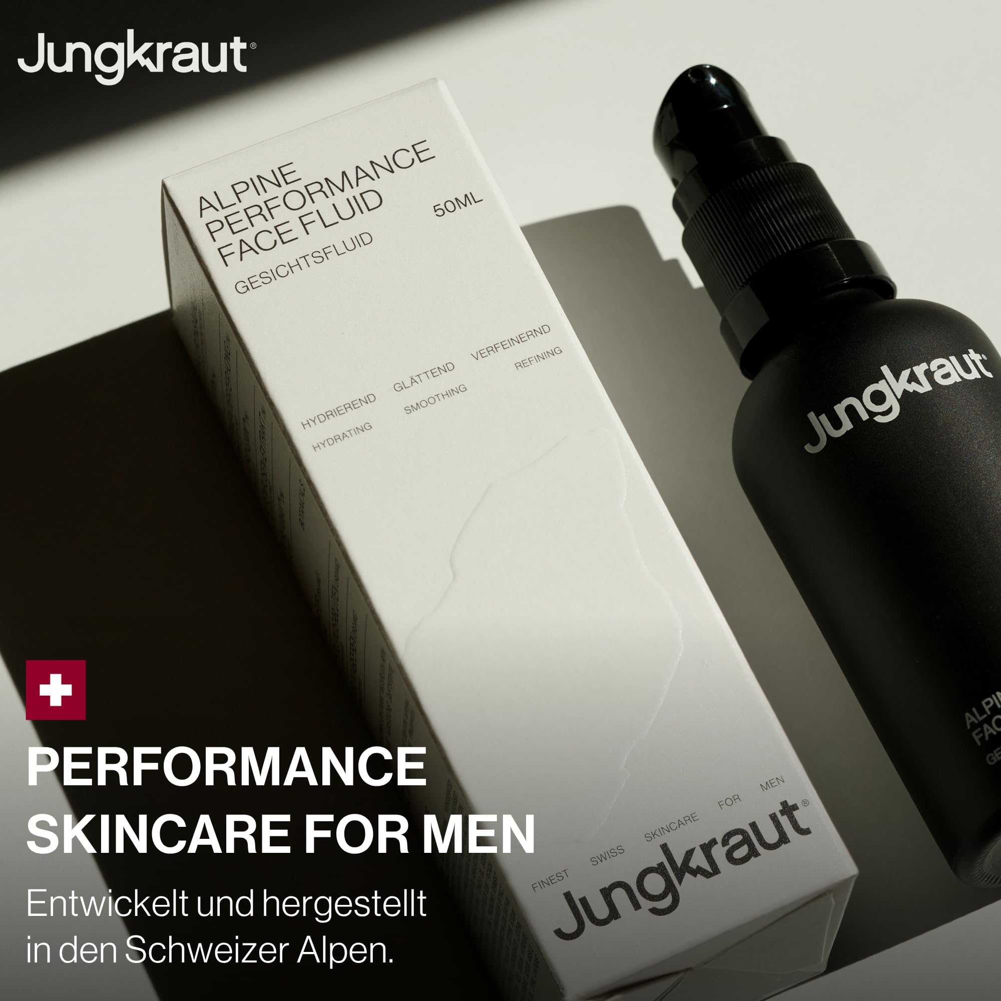 Alpine Performance Feuchtigkeitsfluid für Männer 50ml, Gesichtscreme mit Hyaluronsäure, 6 Wirkstoffe, Anti-Aging, 24h Feuchtigkeit, mattierend, ultraleicht, natürlich, Swiss Made