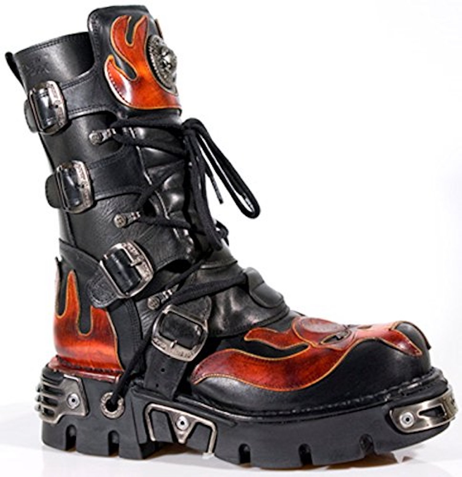 NEWROCK 107-S1 Red Skull Devil Leather Boots - Black Gothic Biker Boots With Gum Rubber Sole, Unisex Rock Boots