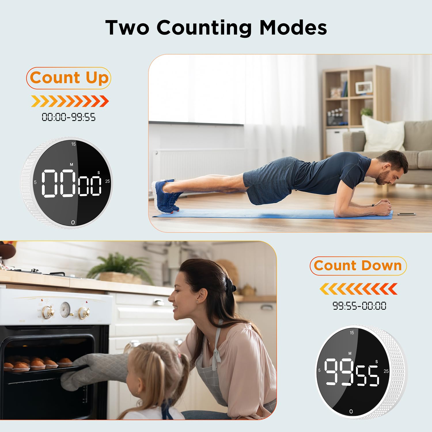Temporizador digital de cocina mejorado, temporizador magnético de cuenta regresiva con pantalla LED grande, 3 tiempos preestablecidos (5, 15, 25), 3 niveles de volumen, ideal para cocinar, hornear y