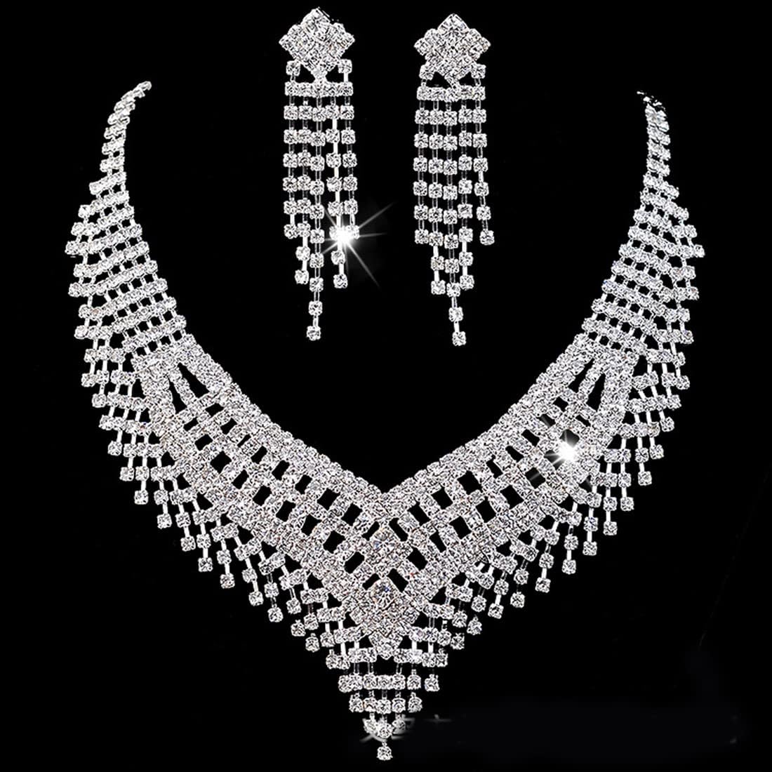 wekicici Bridal Rhinestone Necklace Earrings Set Simple Crystal Choker Necklace Tassel Earrings Wedding Accessories for Bridalmaid Women(silver) - Image 3