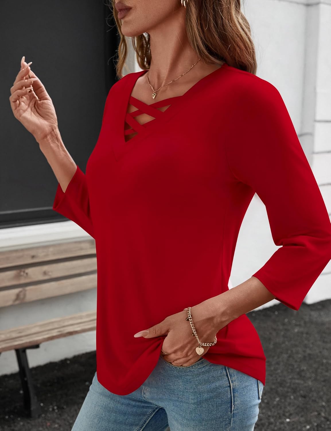 Rapbin Women Blouses Dressy Casual Spring Tops 3/4 Length Sleeve Womens T Shirts V Neck Criss Cross Tees - Image 3