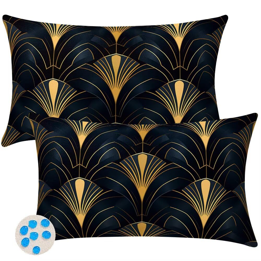 Outdoor Cushions Waterproof Cushion Covers 35cm x 55cm Pack of 2 Retro Garden Cushion Cover Gold Decorative Throw Pillow Covers 14 x 22 Inch Outdoor Pillowcase for Garden Furniture Living Room -SC380
