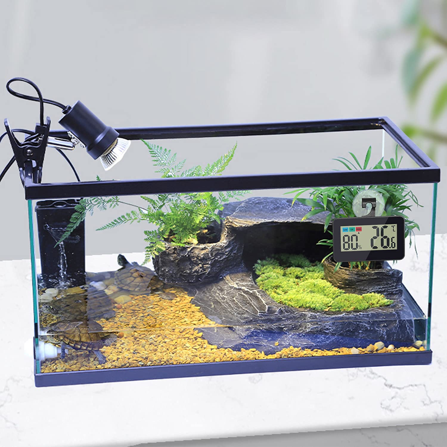Reptilien-Thermometer Hygrometer Reptilien-Terrarium-Thermometer Hygrometer Digitalanzeige Haustieraufzuchtbox Reptilien Tank Thermometer Hygrometer mit Saugnapf und Haken (schwarz)