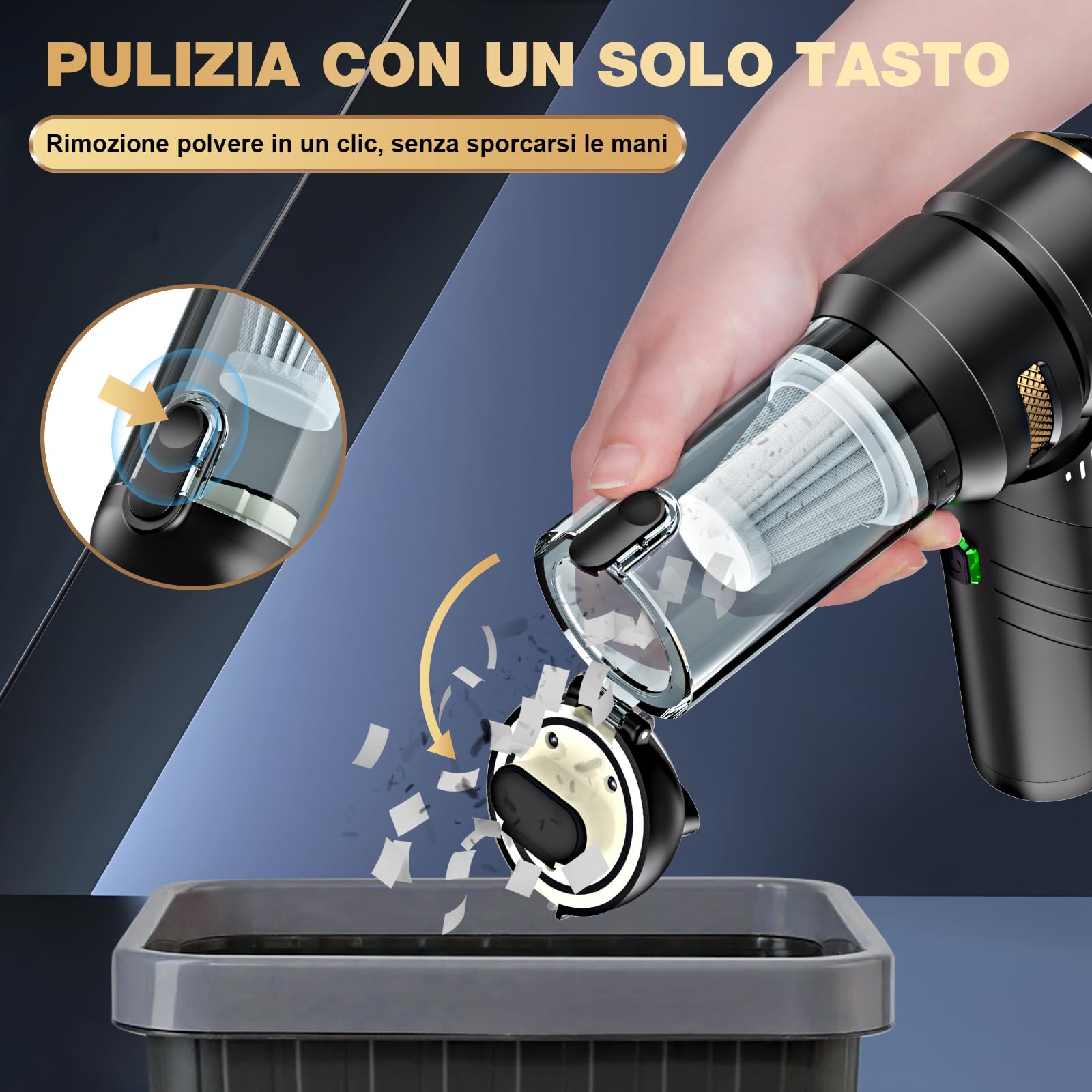 Aspirapolvere a mano a batteria 4 in 1, per auto, forte, 25000 PA senza fili, 3 marce, 220000 giri/min, per auto, cucina, PC, divano, ufficio, pulizia dei peli di animali domestici (giallo oro)