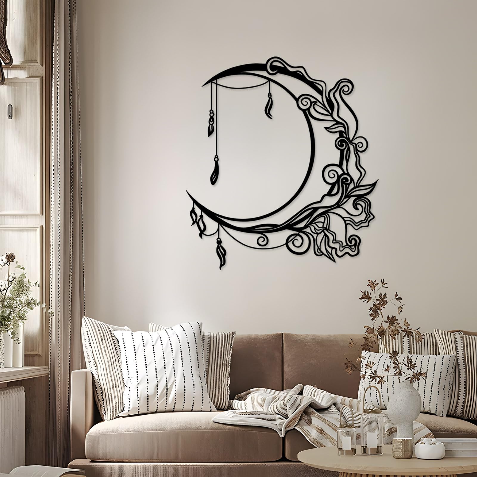 Arte de Pared Bohemio Floral con Luna Negra de Metal, decoración de Pared con Fases celestiales de Metal, Escultura Moderna de Arte Bohemio Floral con Luna para Sala de Estar, Pasillo y esca