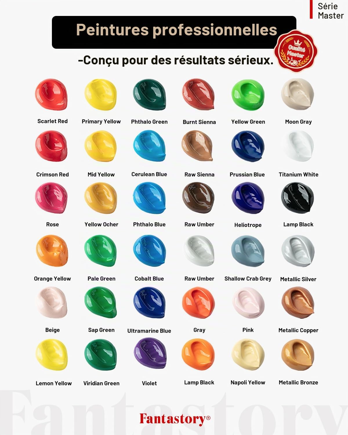 Fantastory Set de peintures acryliques avec 36x60ml et 12 pinceaux, peintures résistantes à l'eau, non décolorantes et non toxiques, adaptées pour la toile, le bois, la céramique