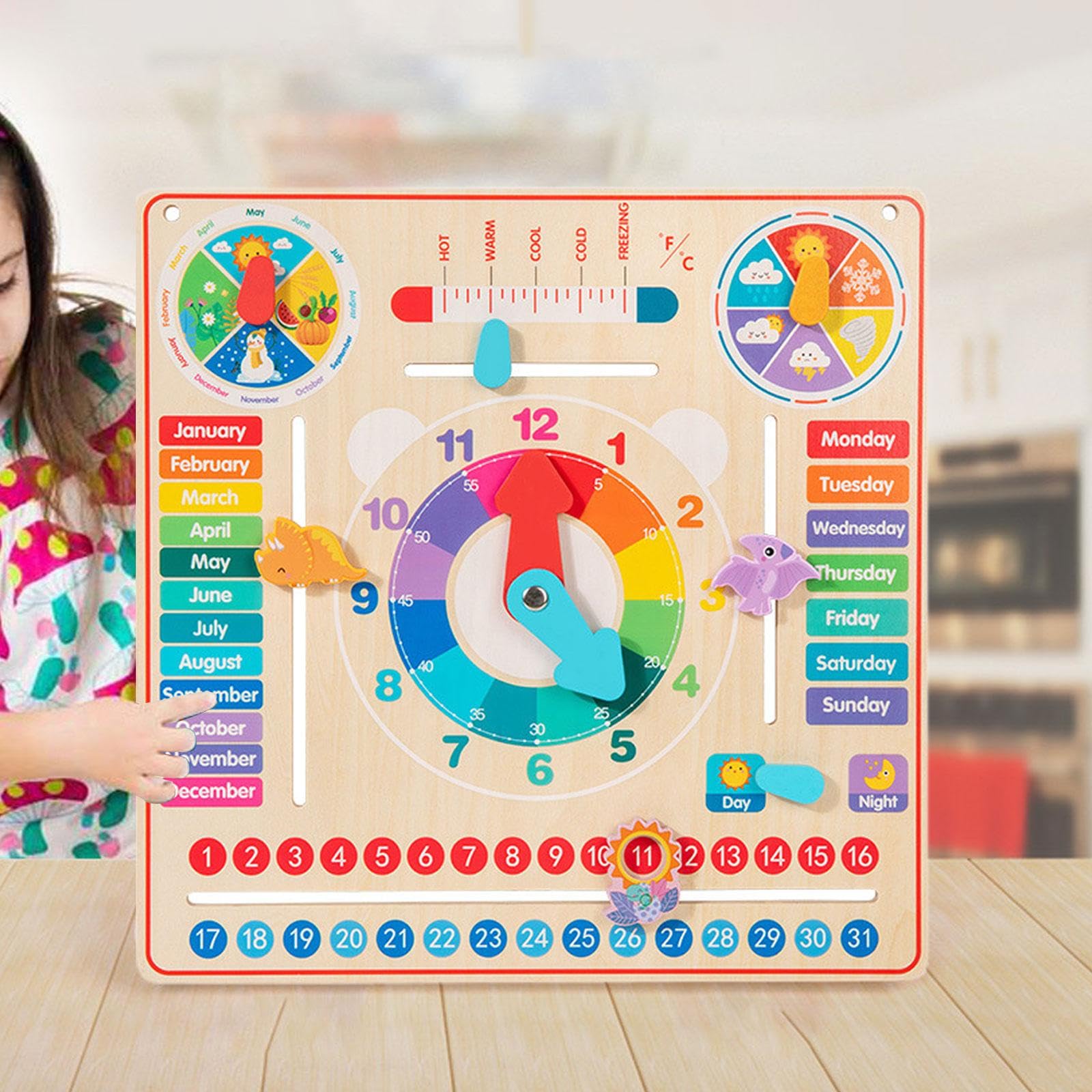 Milageto Reloj de Madera con Calendario, Juguete Educativo, Reloj de Madera para Aprender, Regalo para niños, Juego de Mesa de Aprendizaje para niños