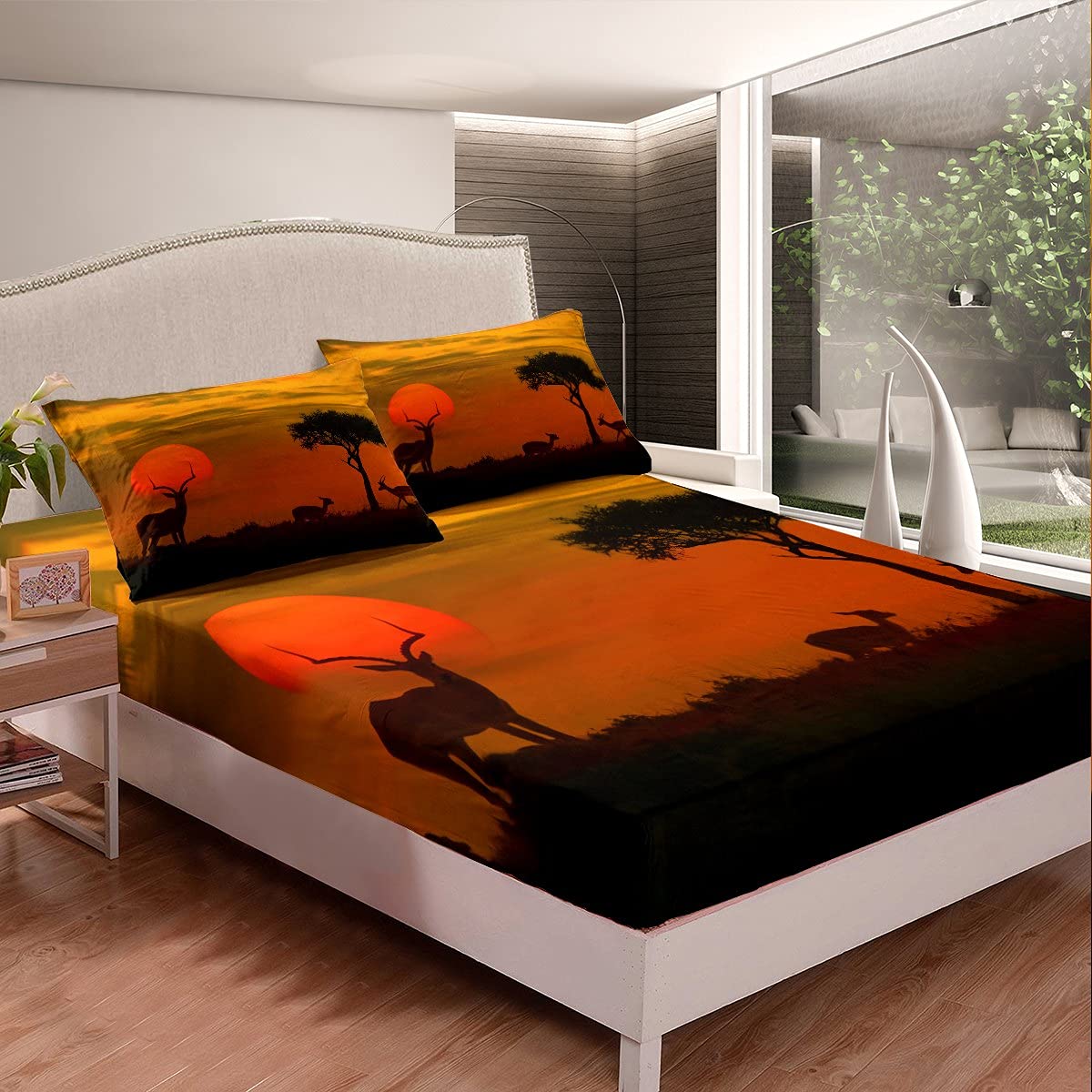 Juego de sábanas para niños Antelope 3D Zoo Wild Animal Sábana Bajera para niños y Adolescentes y Vida Silvestre Juego de sábanas Chic Sunset Bed Cover Dormitorio Decoración 3pcs King Size