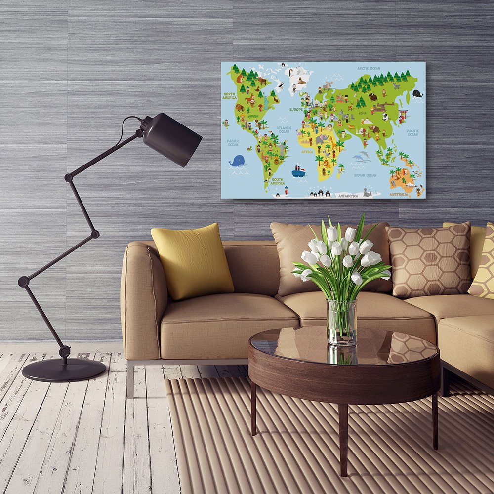 Feeby Quadro Su Tela Mappa Del Mondo 100x70 cm 1 pezzo Stampa Murale Fotografia Decorazione da parete Immagini Moderni per Soggiorno Camera da Letto Ufficio Cucina Il Moderno Mondo Bambini