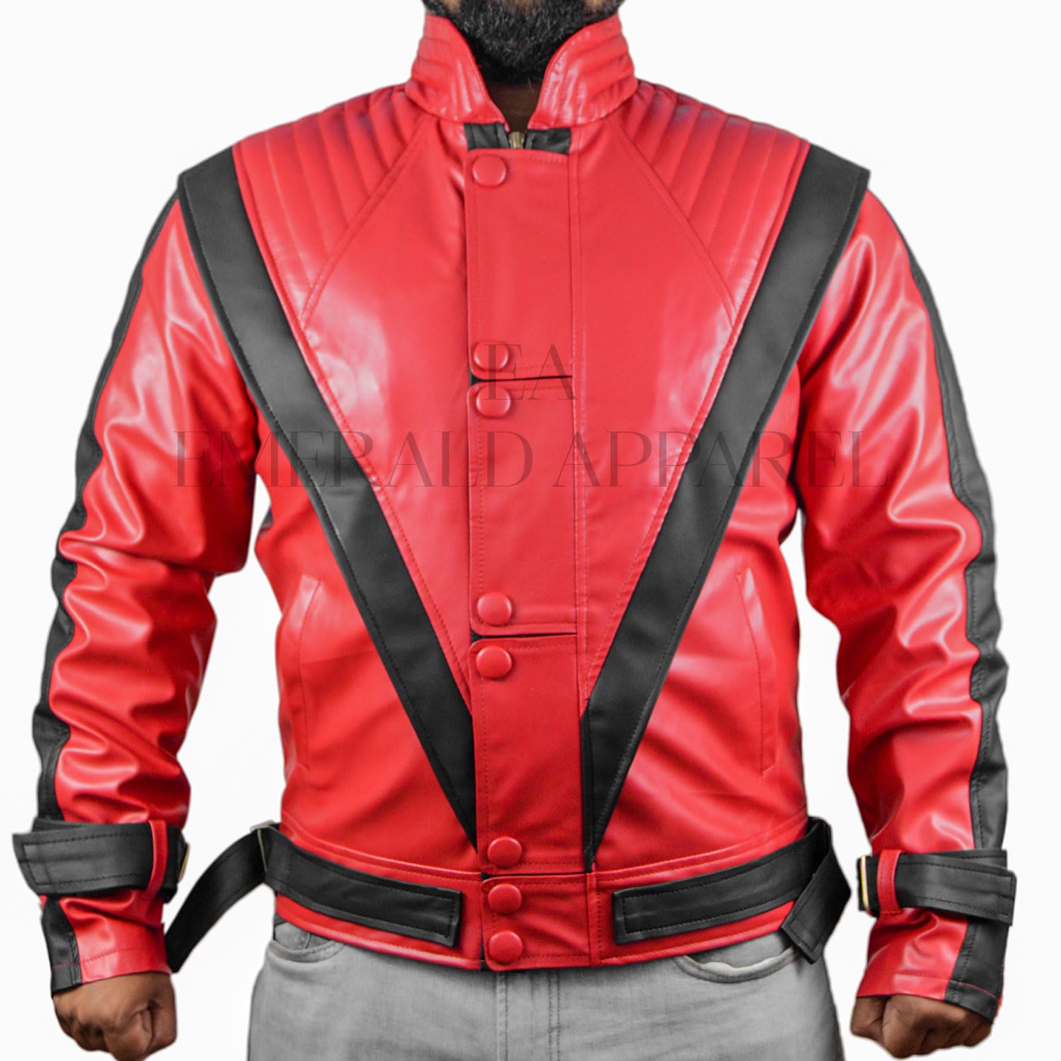 EA Emerald ApparelThrilled Red Leather Jacket, Singer Thrilled Faux Leather Jacket