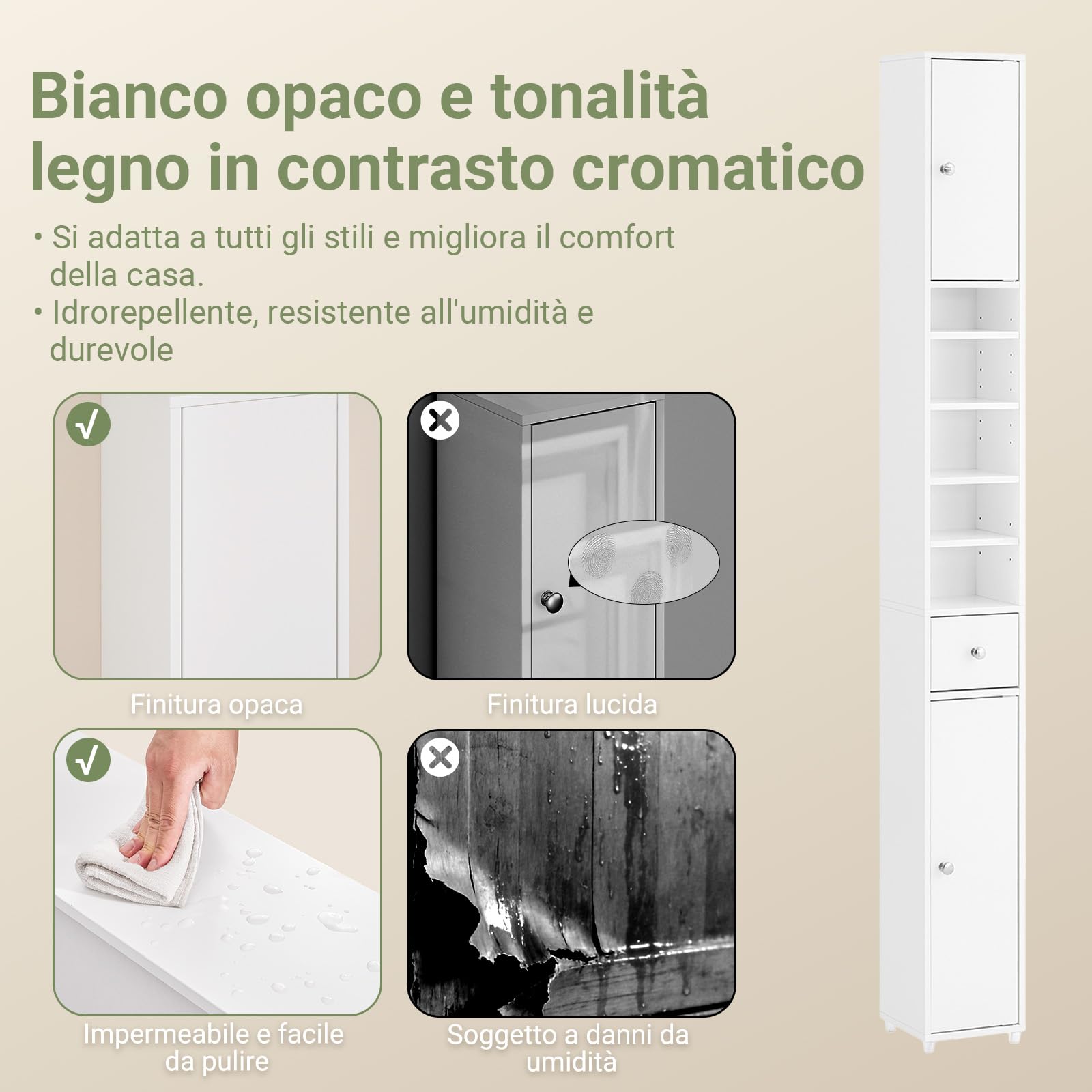 SoBuy Mobile Bagno Alto e Stretto, Mobiletto Bagno Salvaspazio Mobiletto a Colonna da Terra con Ripiani Regolabili e Cassetto Armadietto per WC e Lavanderia 20×20×180 cm Bianco BZR34-II-W