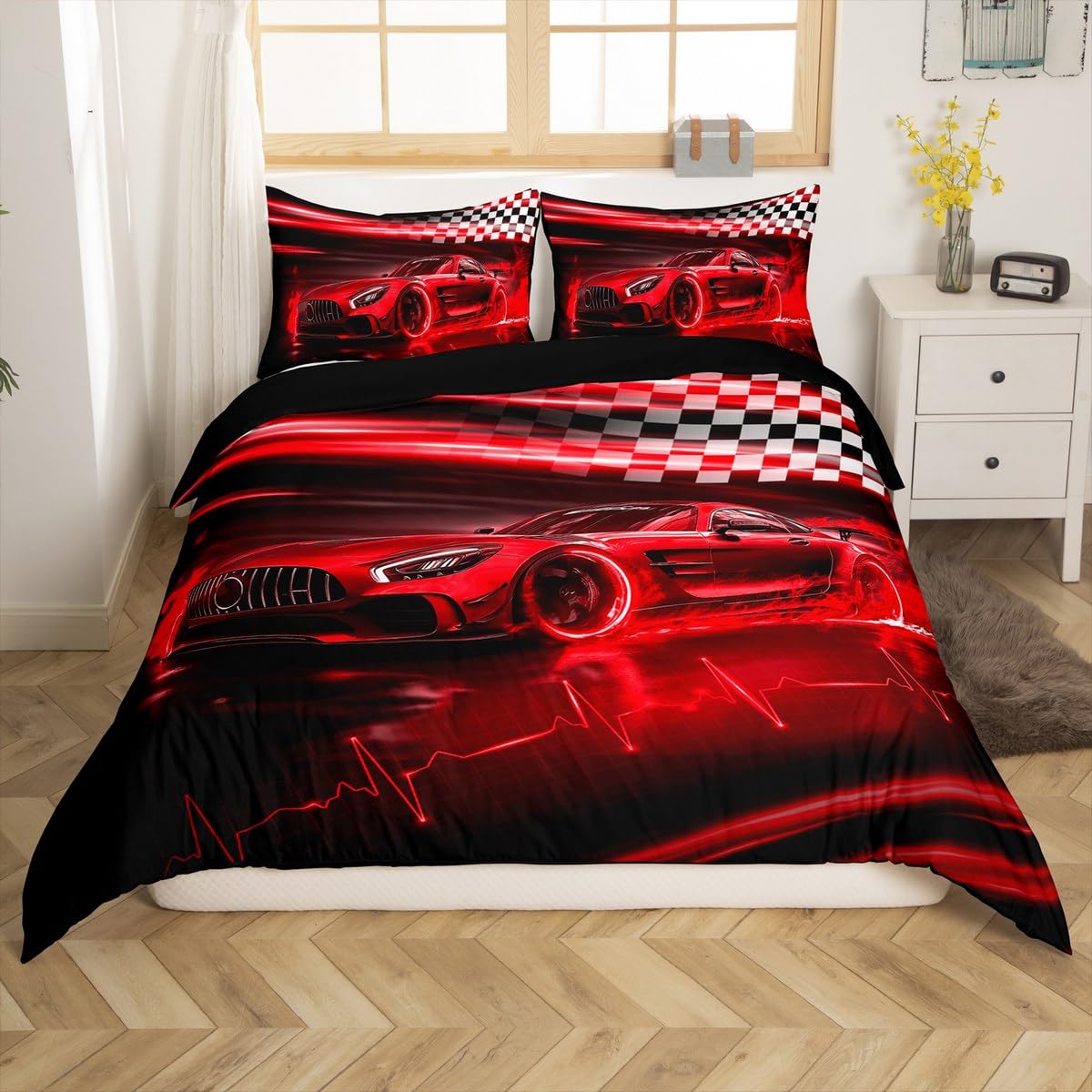 Homemissing Red Racing Car Duvet Cover Set King Size For Kids Boys Teens Black White Flag Honeycomb Bedding Set Fast and Furious Extreme Sports Duvet Cover with 2 Pillowcases