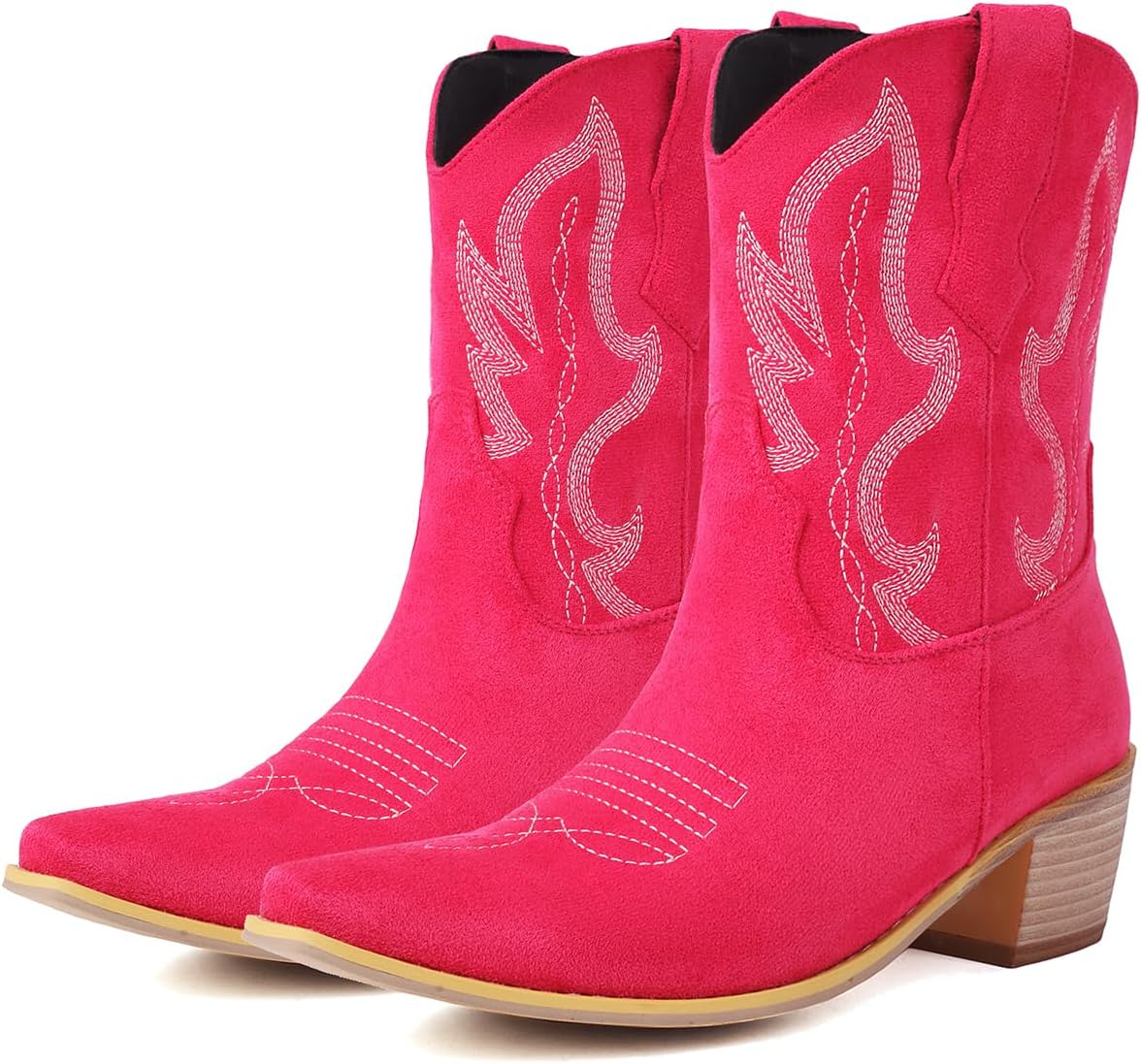 LEHOOR Cowboy Booties for Women Embroidered Western Ankle Booties Low Chunky Stacked Heel Square Toe Pull On Short Cowgirl Boot V Cut Suede Snip Toe Dressy Vintage Fall Booties Winter Retro 4-15 M US