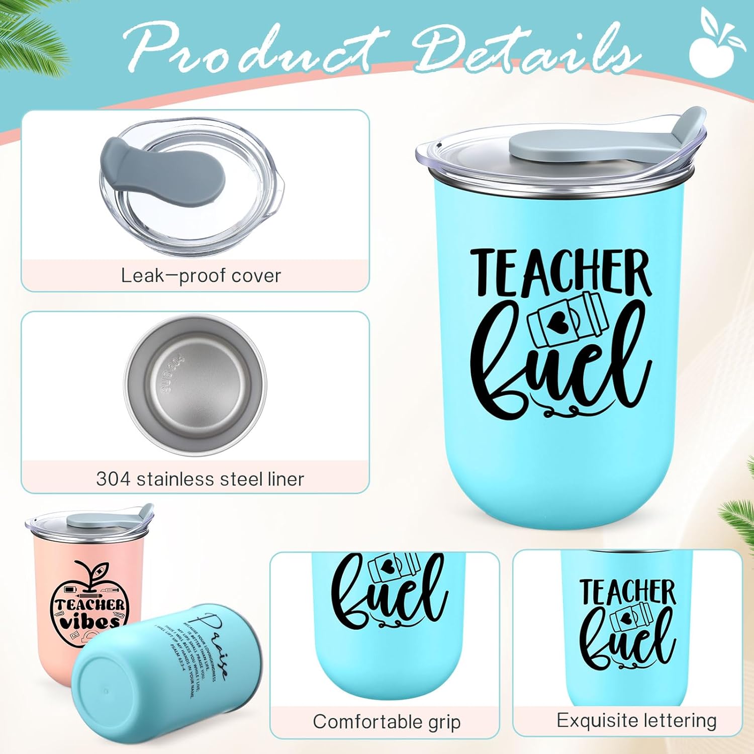 LemonRoad 10 Pcs Teacher Appreciation Gifts Coffee Mugs Bulk 10 oz Teachers Stainless Steel Tumblers Thank You Cups with Lids for Women Men End of The Year Gifts (Super Teacher,Soft Colors)