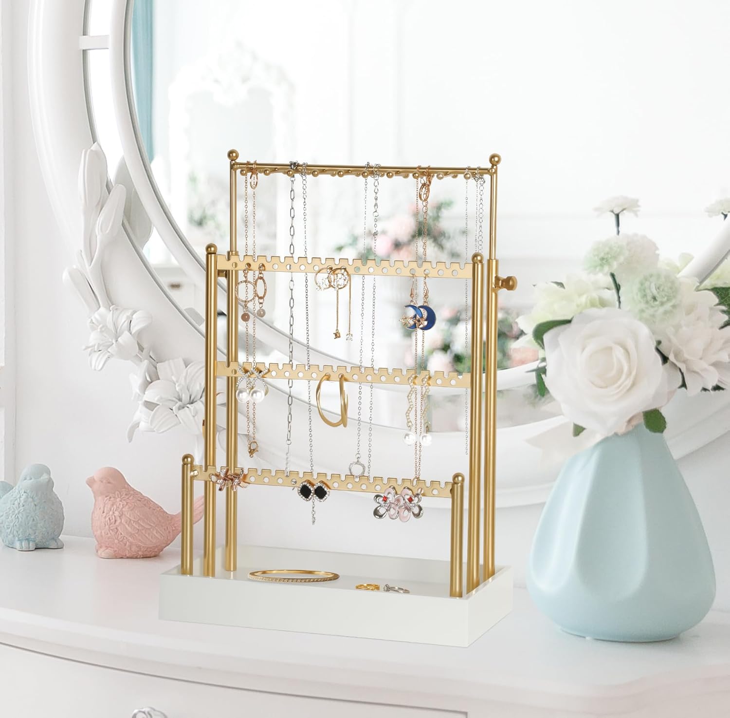 Tirzah 3-Tier Adjustable Earring Necklace Holder Organizer Stand, Gold Jewelry Display Tree with 105 Slots, 10 Double-Sided Hooks, White Tray for Women, Girls - Image 4