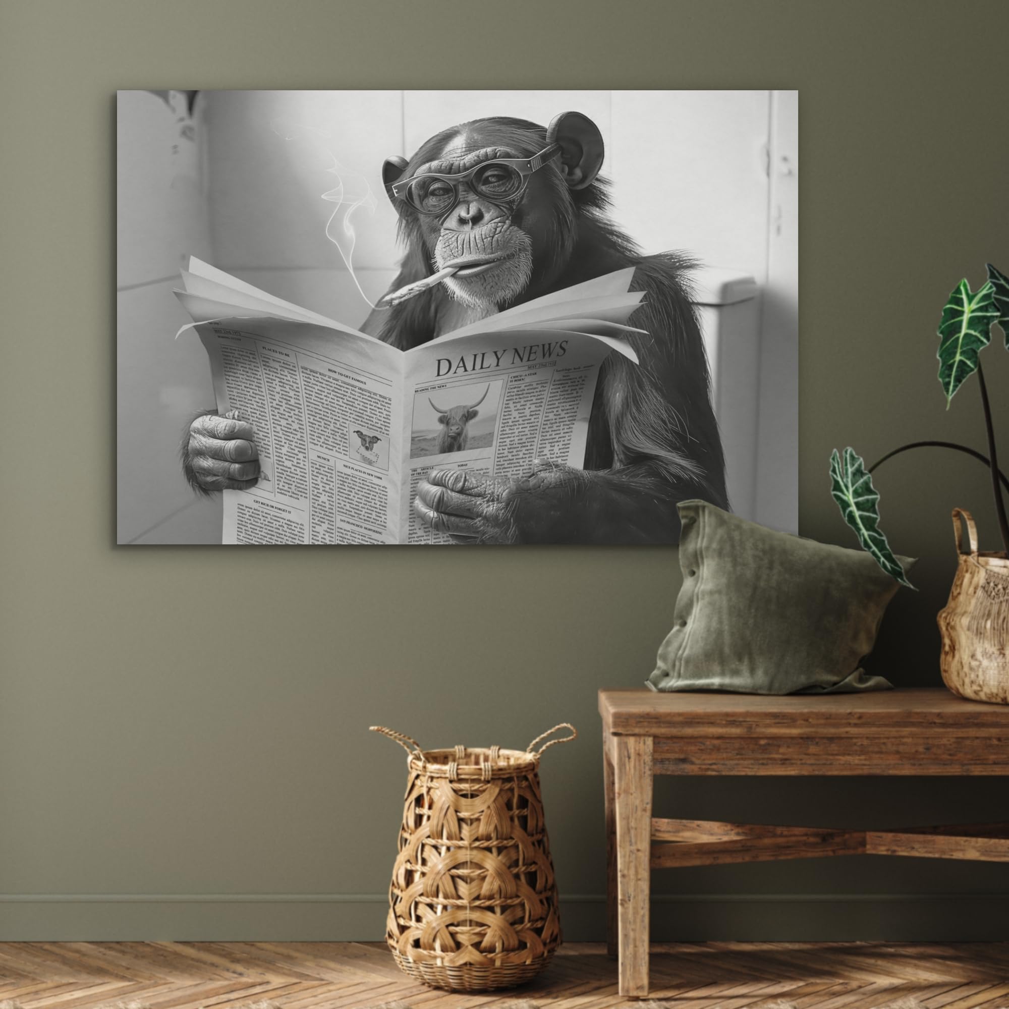 MuchoWow© Wandbilder aus Filz 100x70 cm Wohnzimmer Wanddeko Schlafzimmer Zimmerdeko Wandgemälde Zimmer Deko für die Wand Dekoration Wall Art Affe - WC - Zeitung - Schwarzweiß - Humor