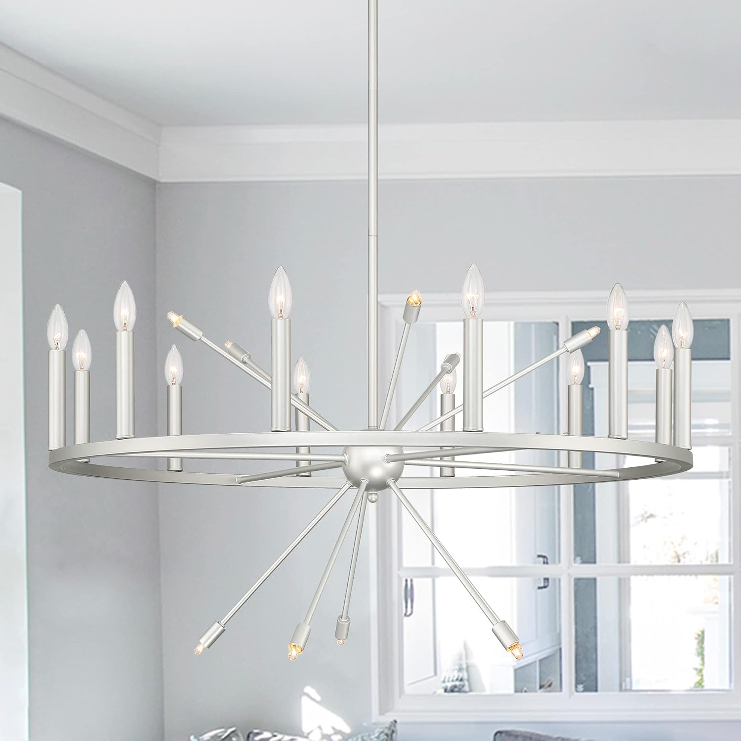 Vanity Art 22 Candle Style Light Wagon Wheel Chandelier Light Fixture | Modern Hanging Ceiling Lights Fixtures for Dining Room Living Room Bed Room, Kitchen, White/Antique Silver, SJS90922WAS