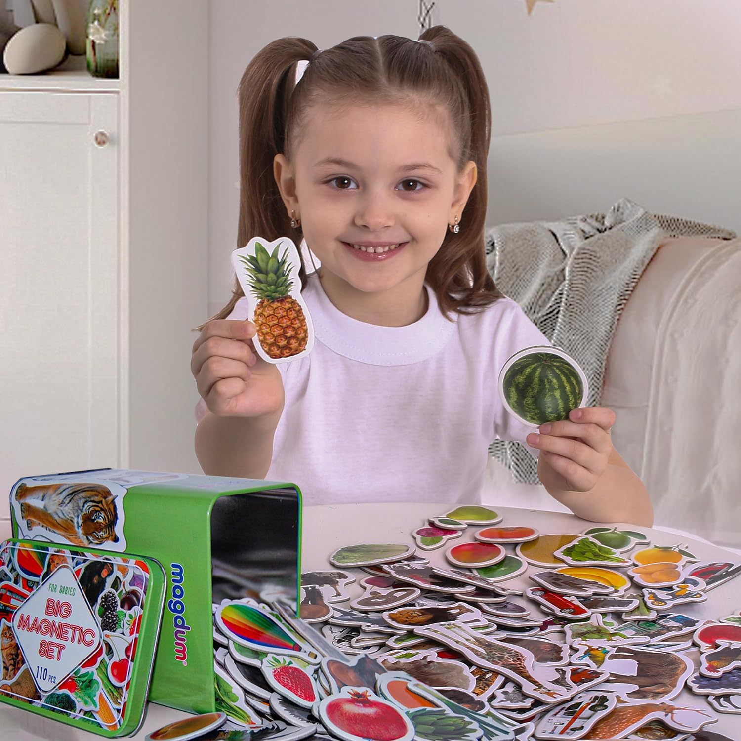 110 Fridge Magnet for Toddlers in Gift Tin Box Kids Magnets for Fridge - Realistic Magnetic Animals for Refrigerator - Safe Educational Materials for Baby: Zoo, Farm, Fruits, Vegetables, Transport
