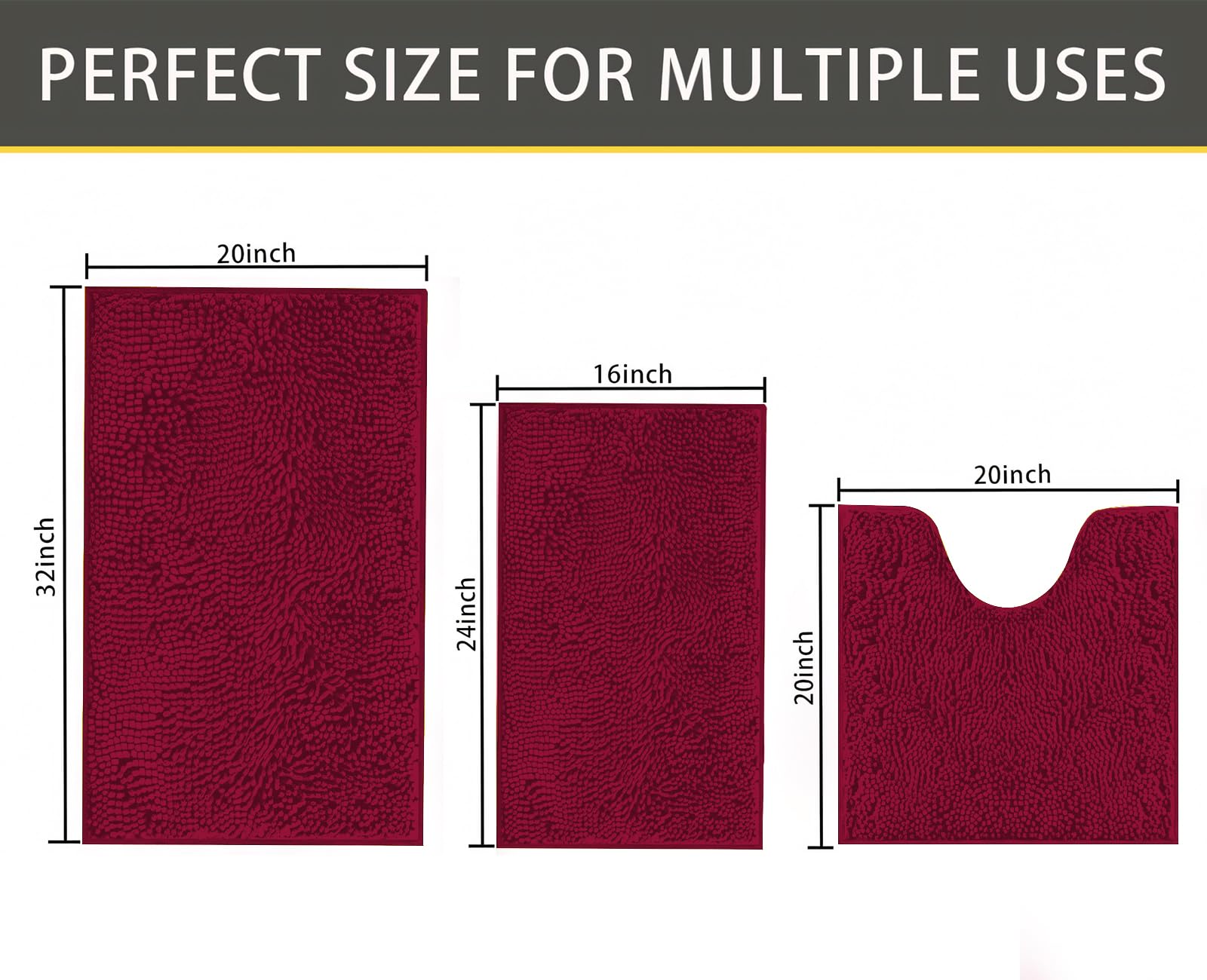 RUN HELIX Chenille Bath Mat, Non Slip Extra Soft Bath Toilet Mat 3 Pieces, Super Absorbent Bath Rug for Bathroom Bedroom - Image 2