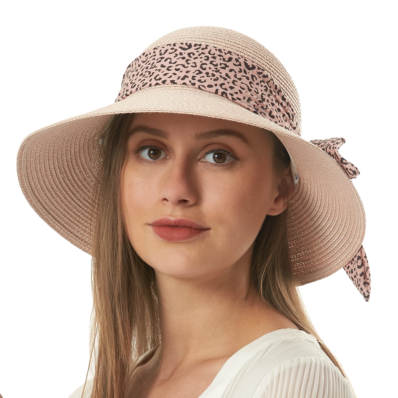 Womens Straw Sun Hat Summer Beach Wide Brim UV Protection Hats with Chin Strap Floppy Foldable Cute Bowknot UPF 50 Cap