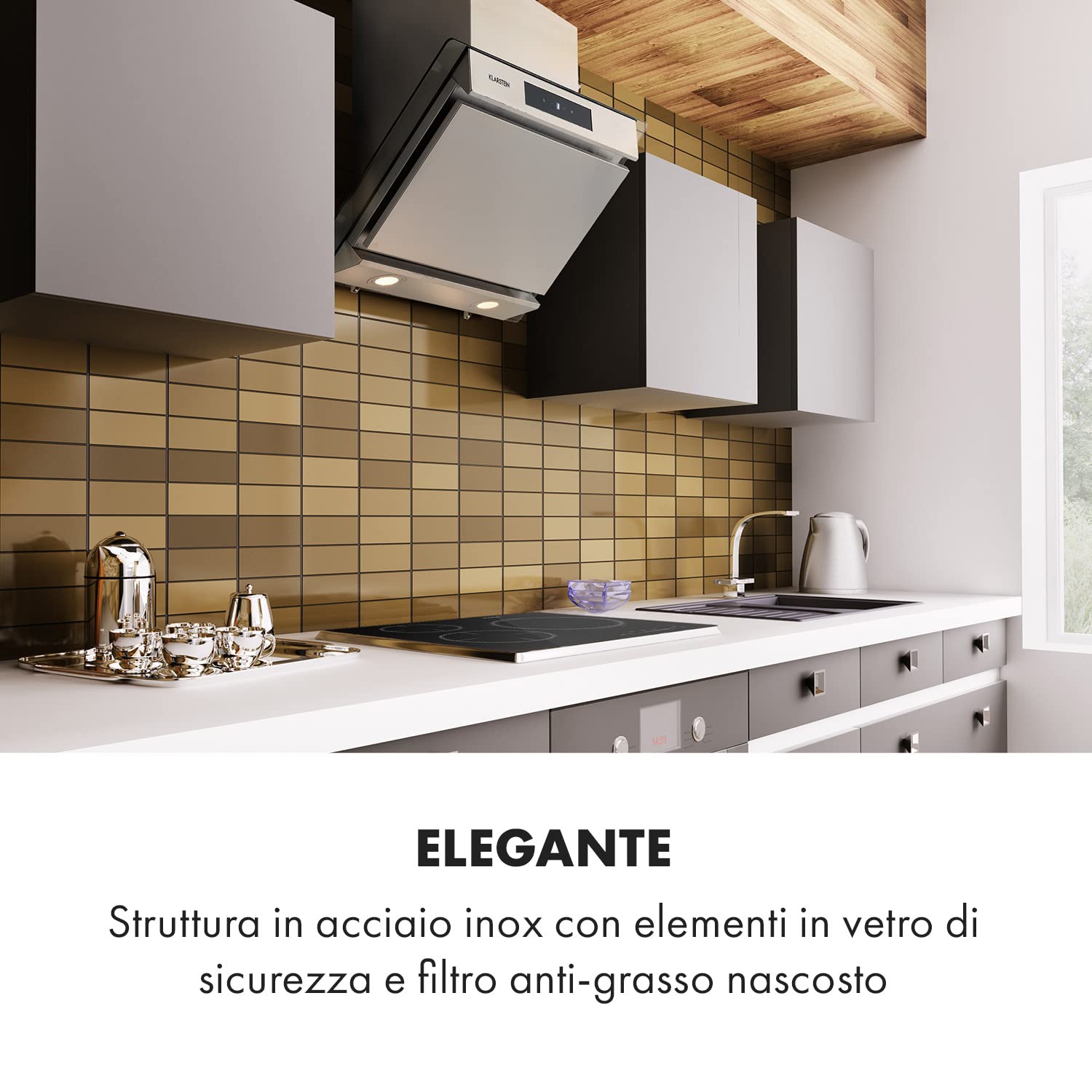 KLARSTEIN Balzac Cappa Inclinata - Ricircolo/Scarico, Silenziosissima, Pannello tattile, Luce LED, Filtro Antigrasso, Potenza di Scarico: 604 m³/h, 250 W, Argento, Tipo: Balzac Silent, 60 cm