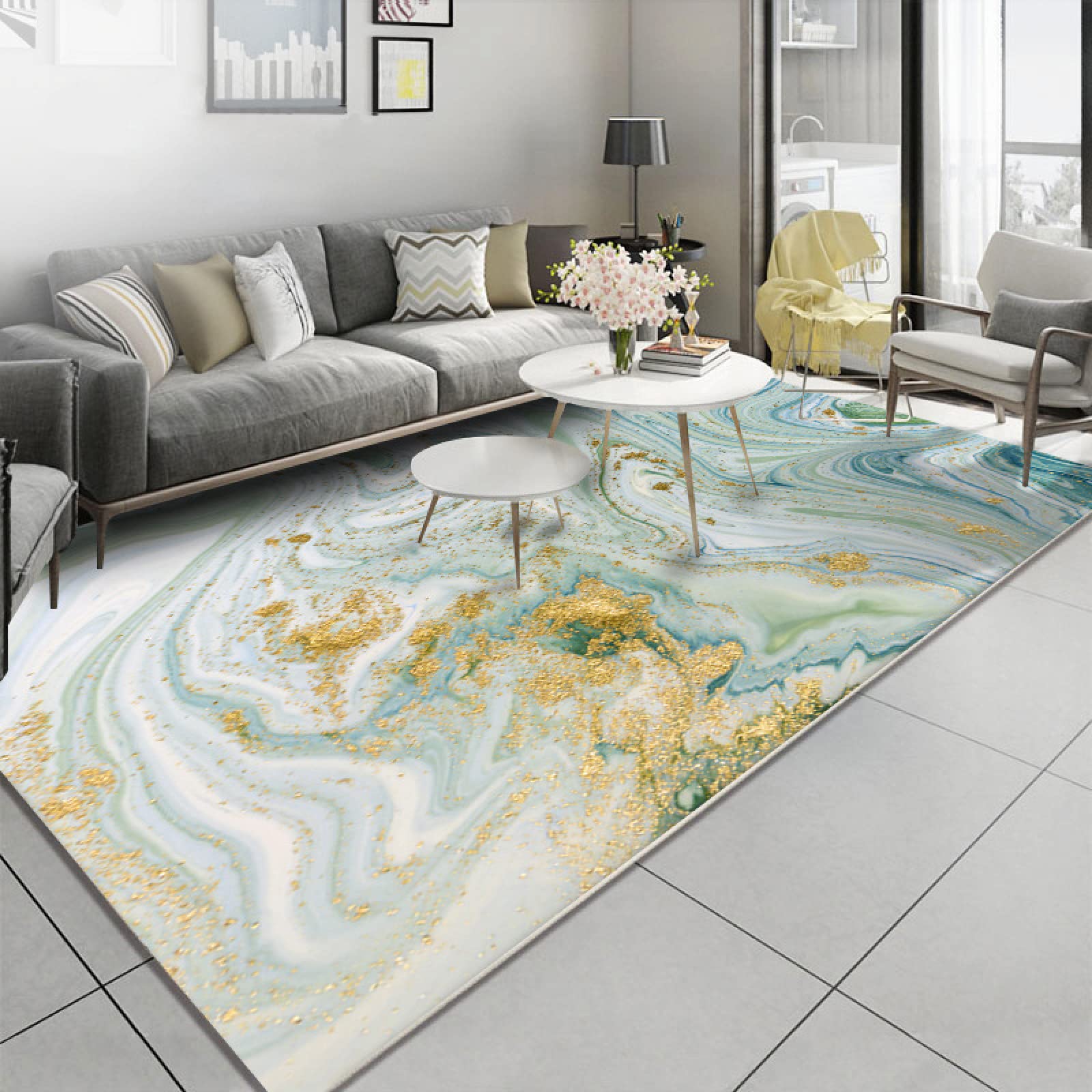 Tapis salon vert et doré 140x200 tapis chambre antidérapant doux motif eau de mer