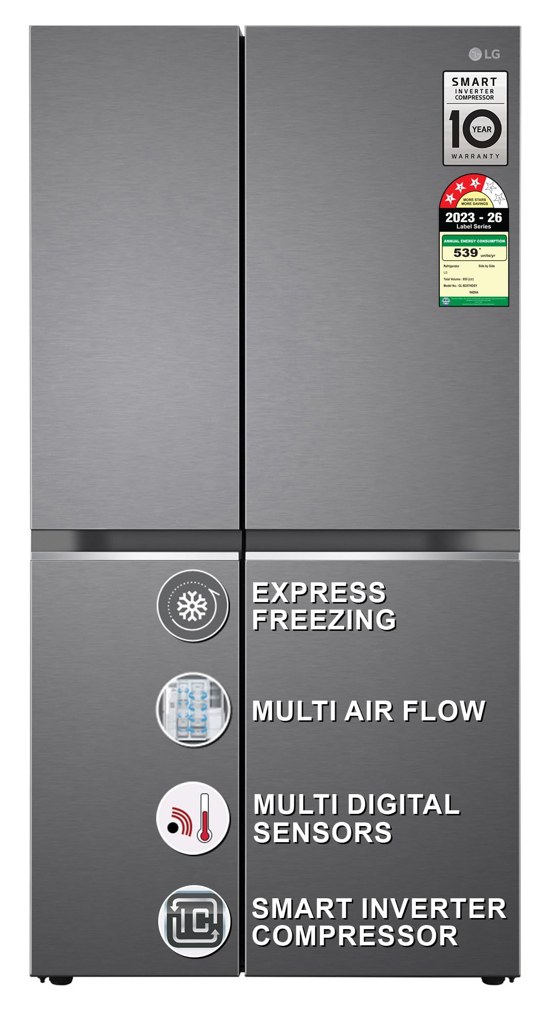 LG 655 L, 3 Star, Frost-Free Smart Inverter Double Door Side-By-Side Refrigerator (GL-B257HDSY, Dazzle Steel, Smart Diagnosis, Express Freeze | Multi Air-Flow) — image 1 of 7