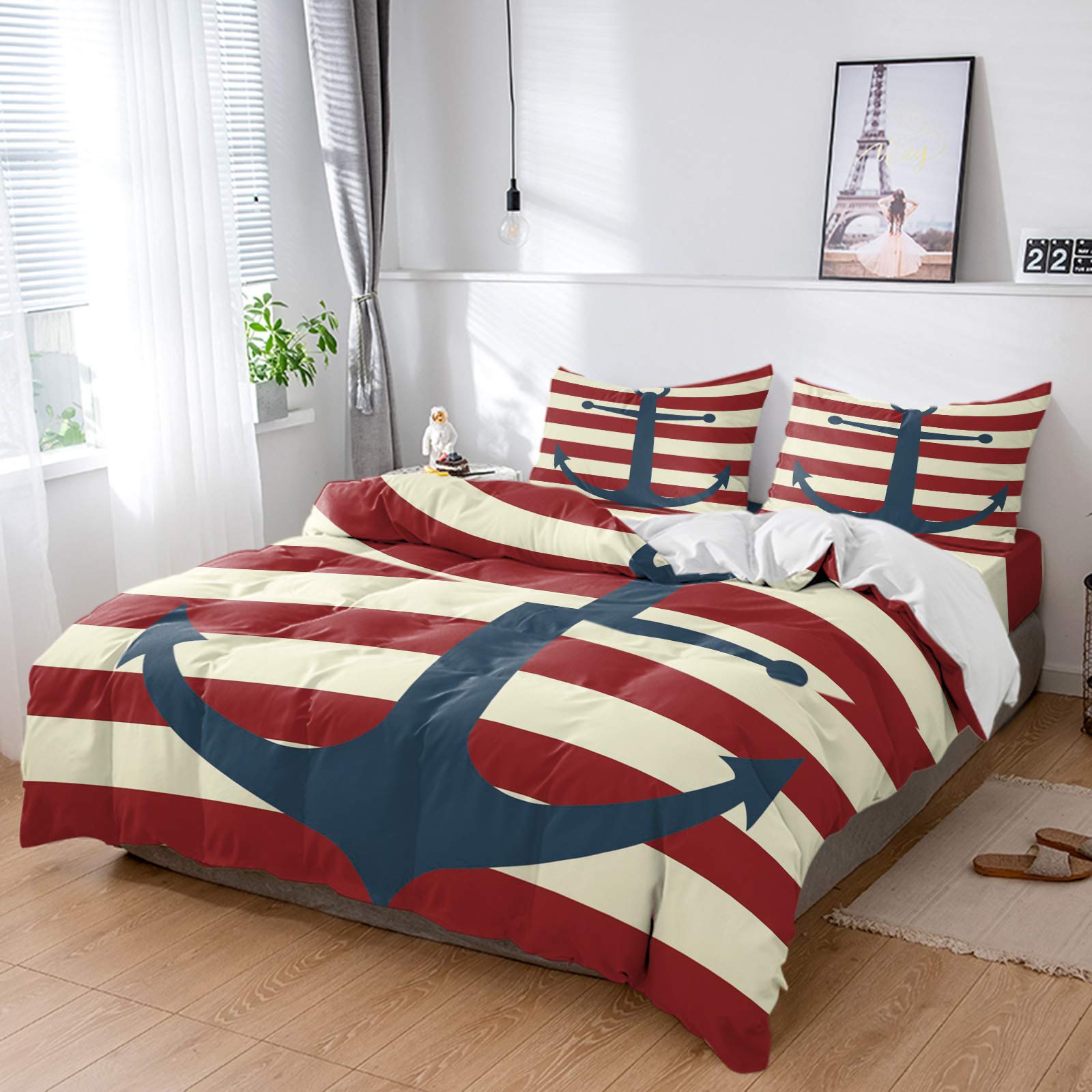 LAMANDA 4 Pieces Bedding Full Duvet Cover Set,Nautical Anchor Red Stripes Ultra Soft Bed Sheet with 2 Pillowcase,Marine Theme Geometry Line Breathable Quilt Cover Bedspread Sets for All Seasons