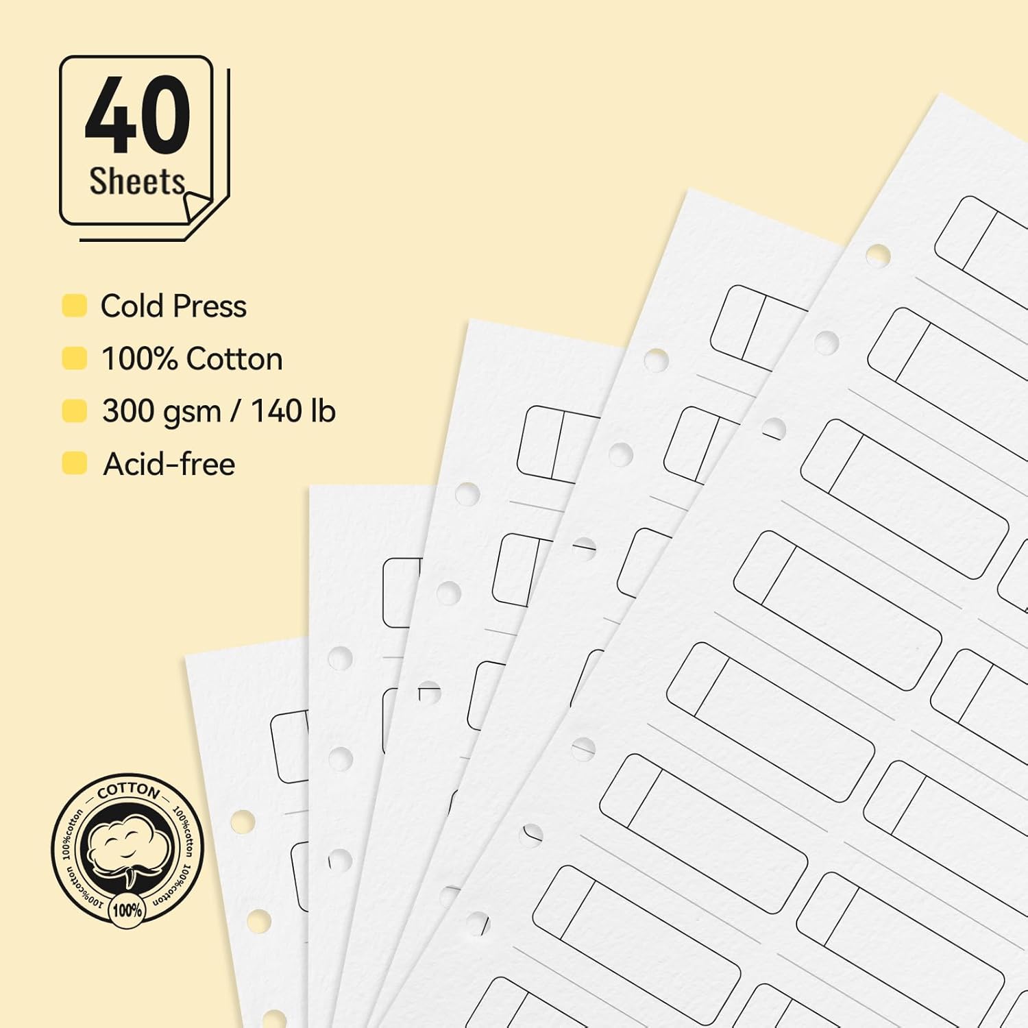 Lightwish Watercolor Swatch Paper Bulk - 100% Cotton Cold Press 300gsm/140lb, 2 Pack Total 40 Sheets 24 Spaces A5 Hole-Punched Replaceable Paper for Watercolor, Gouache, Oil Pastels,5.8 * 8.2 Inches