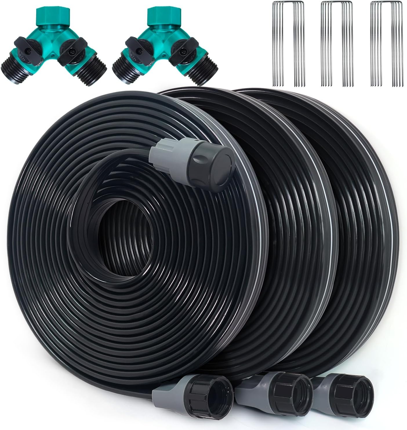 Sprinkler Hose with Holes 75 Ft (25 ft 3pack), Flat Soaker Hose 75 ft with Garden Staples and Splitters, Drip Line Irrigation Hoses for Lawn, Vegetable Watering Hose (75 ft) 75 ft (25ftx3pack) Black