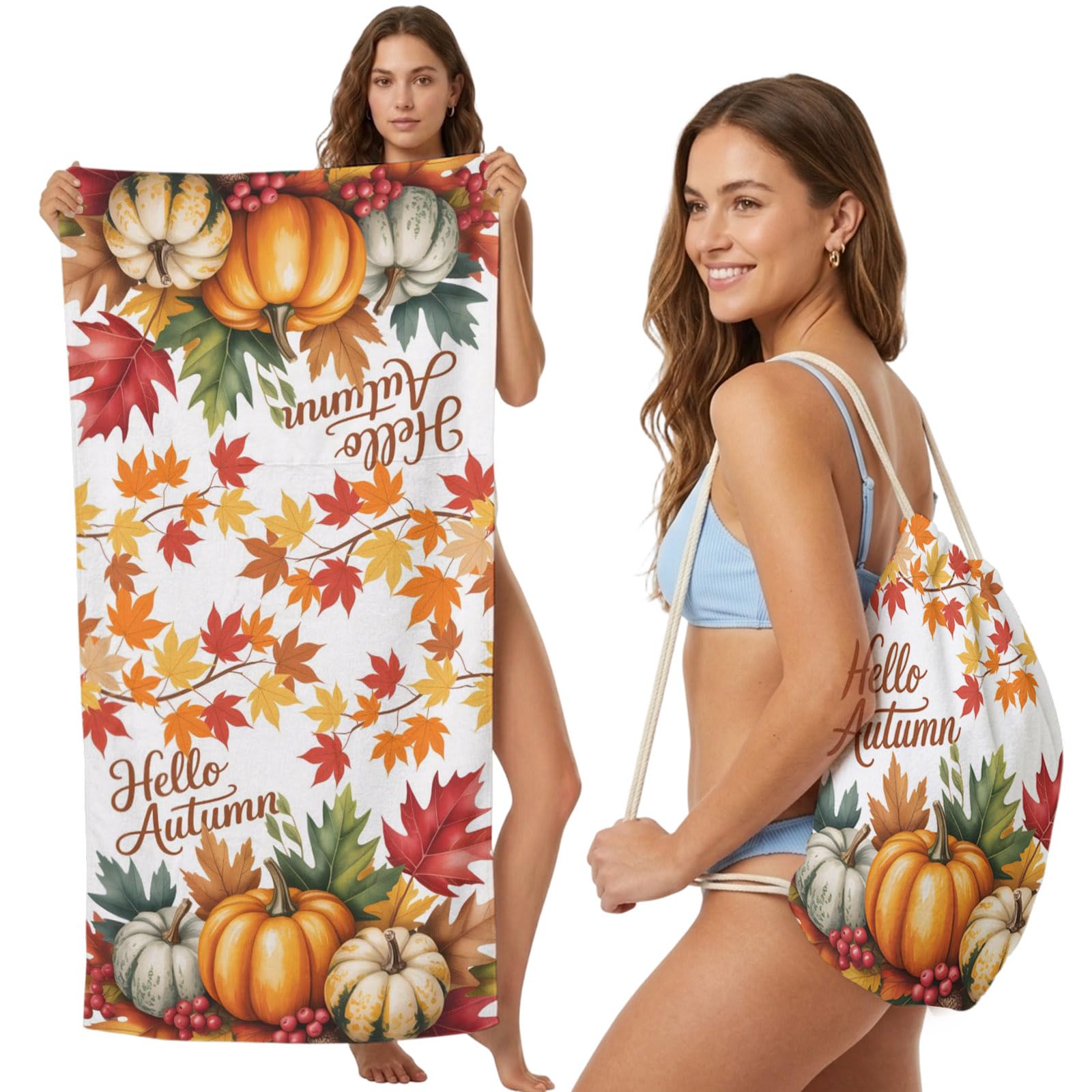 2-in-1 Beach Towel Backpack,Watercolor Thanksgiving Leaf Pumpkin Bath Towel with Built-in Storage Fall Maple Leaves White Convertible Foldable Beach Blanket for Travel Pool Gym Camping Swim,31x63in