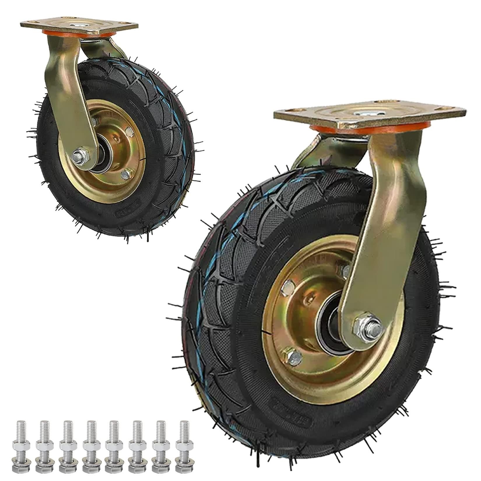 ZGUOUZANTYE Heavy Duty Castor Wheels Set Of 2 8/10 Inch Fixed Swivel Brakes Pneumatic Rubber Wheel Caster 250lbs Load Capacity(Swivel,Ø200mm/8in)